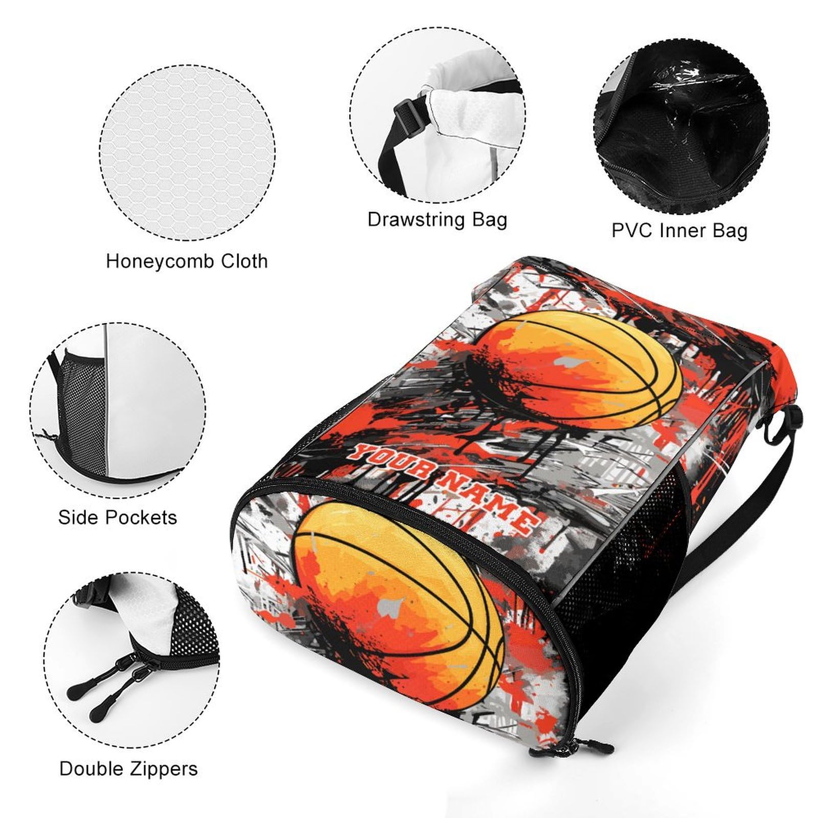 Custom Basketball Drawstring Backpack - Lightweight & Foldable Cinch Sack with Pockets for Kids, Women & Men - Perfect for Gym, Sports, Travel & Outdoor Activities | Durable String Backpack for School, Hiking & Daily Use