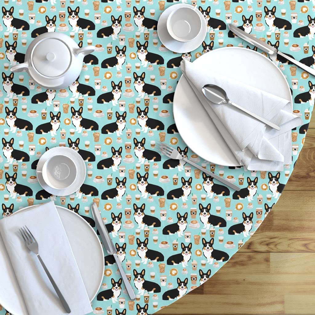 Custom Corgi Tri-Colored Coffee Dogs Print Cotton Sateen Tablecloth - 70