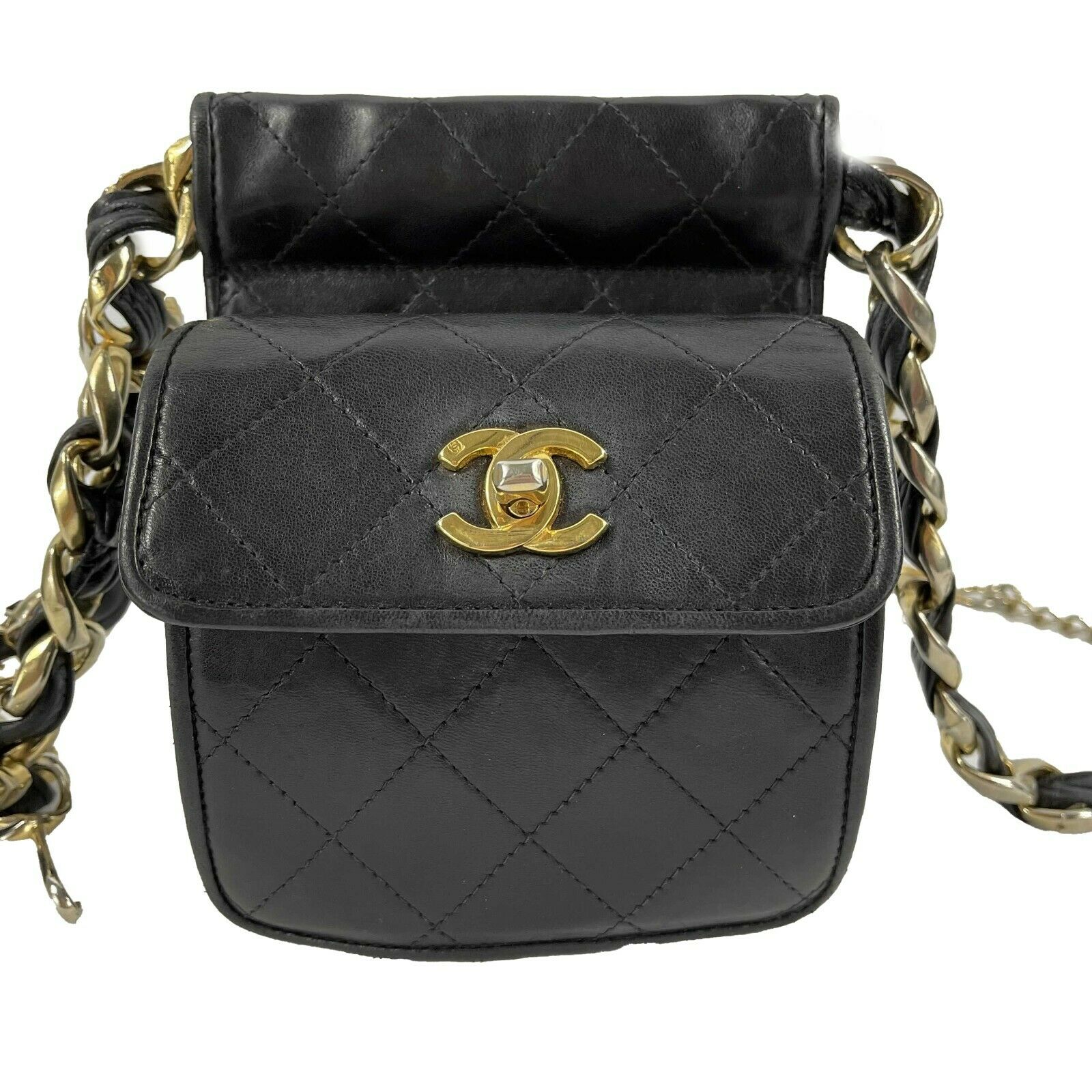 Vintage CHANEL 90s Black Quilted Leather CC Logo Chain Belt Bag - Mini Crossbody Fanny Pack for Women | Perfect for Night Out, Travel & Everyday Use