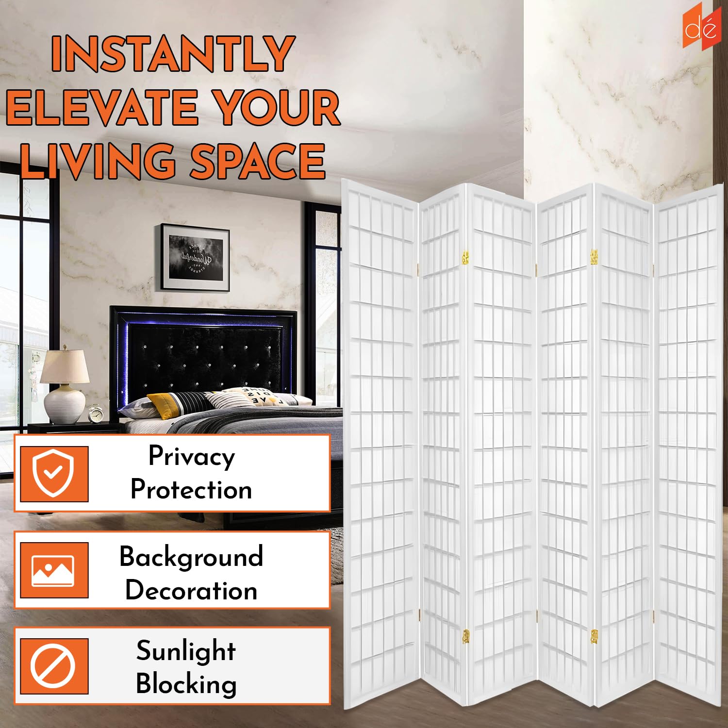 Legacy Decor 6-Panel Room Divider - 6ft Tall Foldable Privacy Screen - Shoji Style Freestanding Partition for Home, Office & Studio - White - Perfect for Creating Private Spaces in Bedrooms, Living Rooms or Workspaces