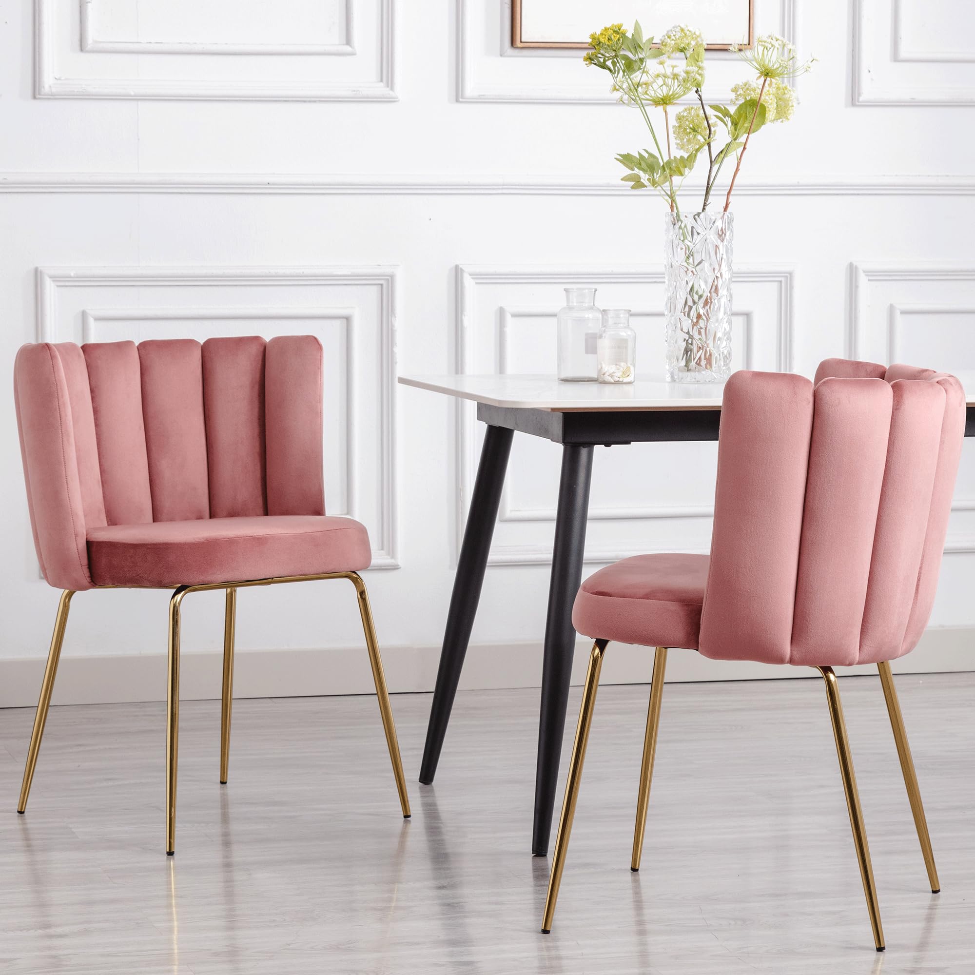 Set of 4 Modern Velvet Upholstered Barrel Dining Chairs with Gold Metal Legs - Pink Accent Chairs for Home, Kitchen, Living Room & Restaurant | Perfect for Dining Sets, Breakfast Nooks & Bistro Decor