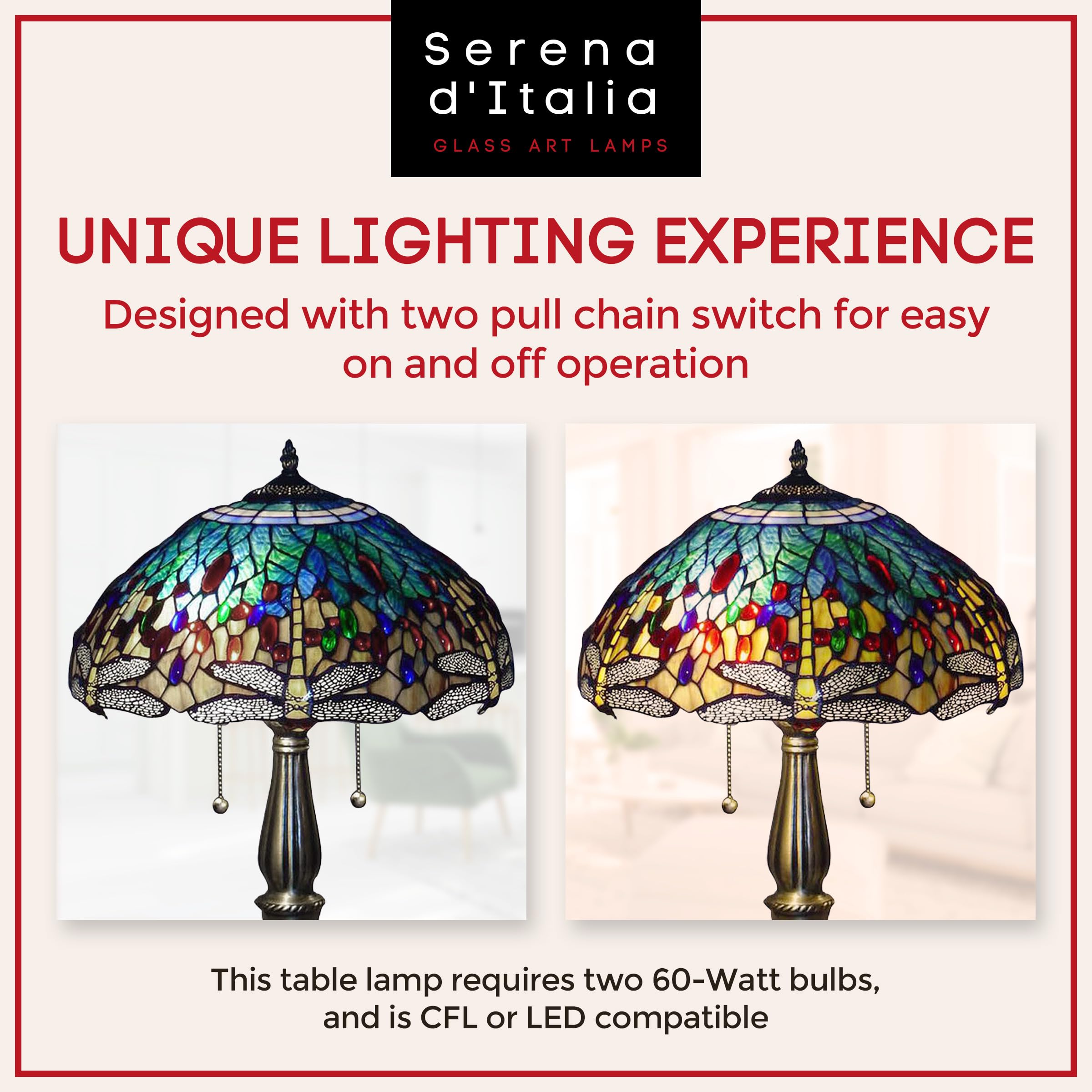 Serena D'italia Tiffany Table Lamp - Yellow Dragonfly Antique Desk & Nightstand Lamp - 22-inch Blue & Yellow Stained Glass Lamp for Bedroom, Living Room, Office Decor