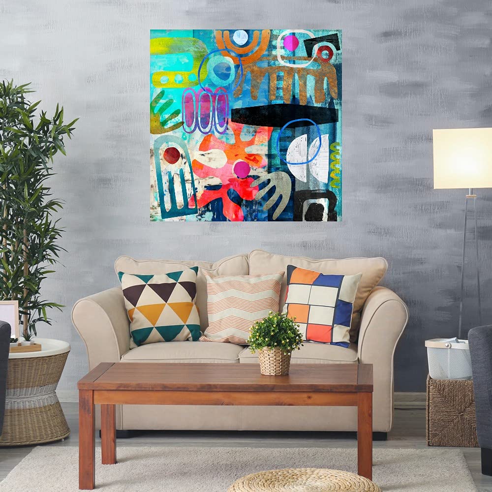 Hand-Painted Tribal Abstract Blue Canvas Wall Art by Nikki Chu - Modern Home Decor for Living Room, Bedroom, Office & More - 32x32 Inch Ready-to-Hang Painting - Perfect for Bohemian, Coastal & Contemporary Interiors