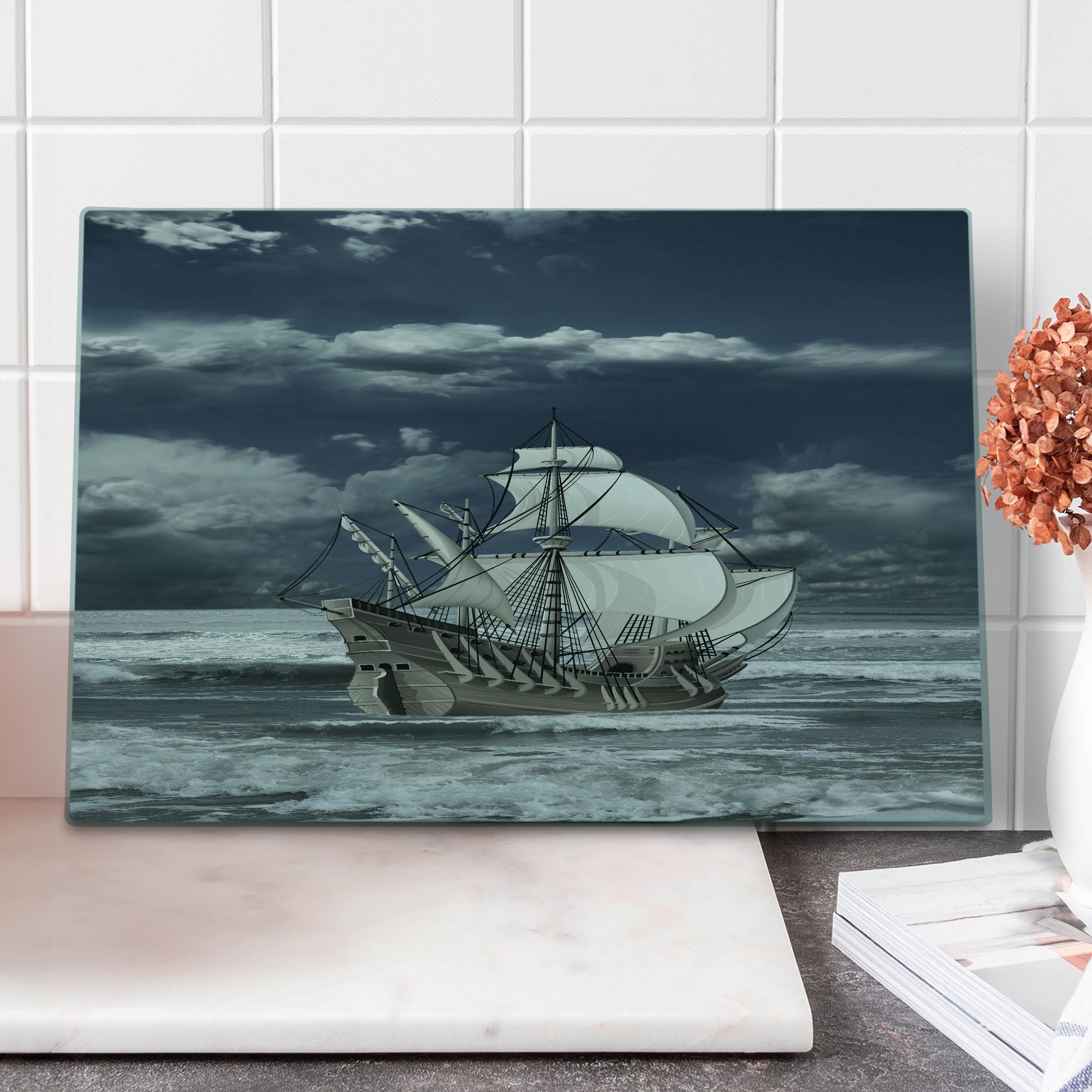 Ambesonne Decorative Tempered Glass Cutting Board - Caribbean Pirate Ship & Cloudy Sky Art Print - Large Blue Grey Serving Board for Kitchen, Charcuterie & Party Platter - Dishwasher Safe Glass Chopping Board for Cheese, Fruits & Entertaining