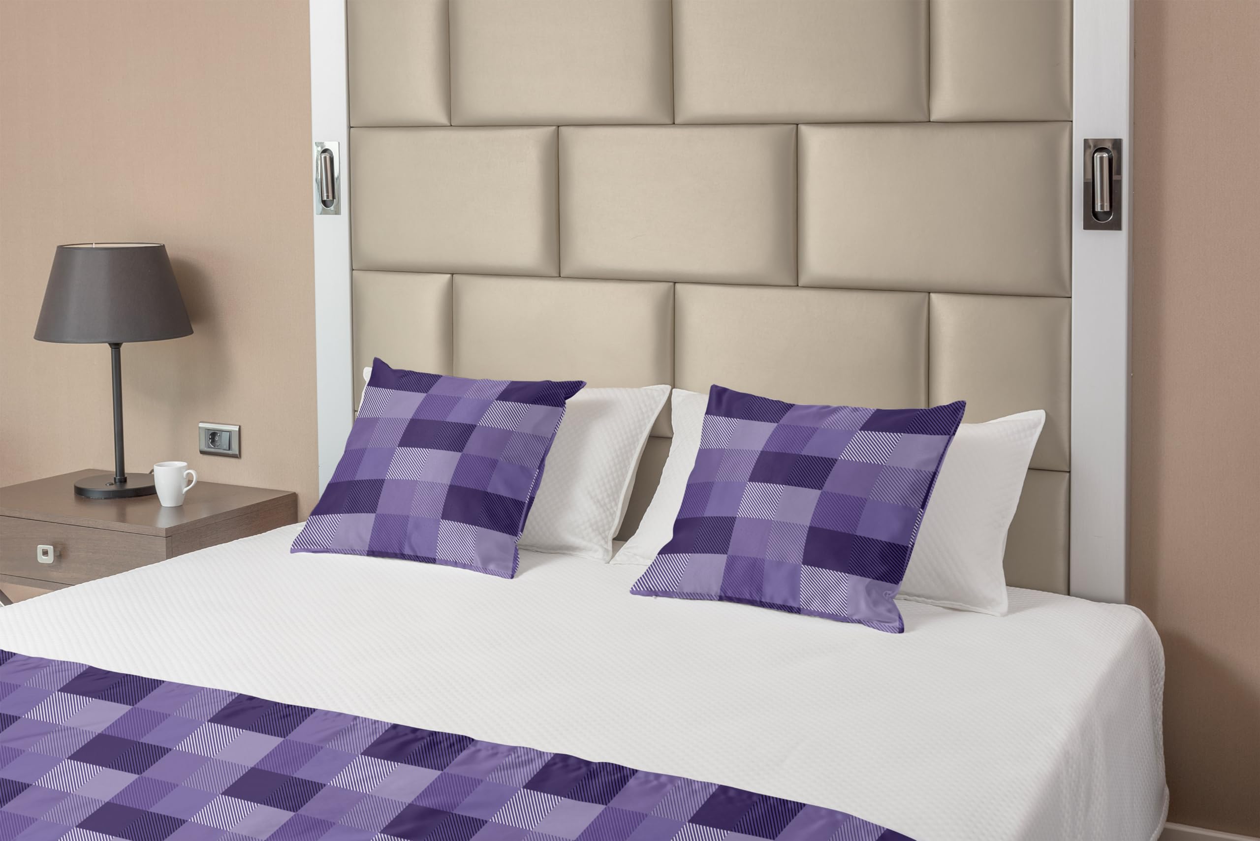 Ambesonne Abstract Plaid Stripe Bed Runner Set with 2 Pillow Shams - Monochrome Purple Quartz Decorative Bed Scarf for Queen Size Beds | Perfect for Hotel Luxury & Home Bedroom Decor