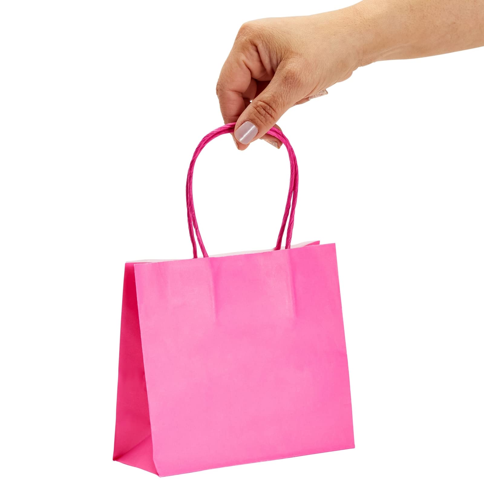 50 Pack Mini Pink Gift Bags with Handles - 6x5x2.5 Inch Bulk Kraft Party Favor Bags for Birthday, Baby Shower, Wedding Favors & Christmas Gift Wrapping