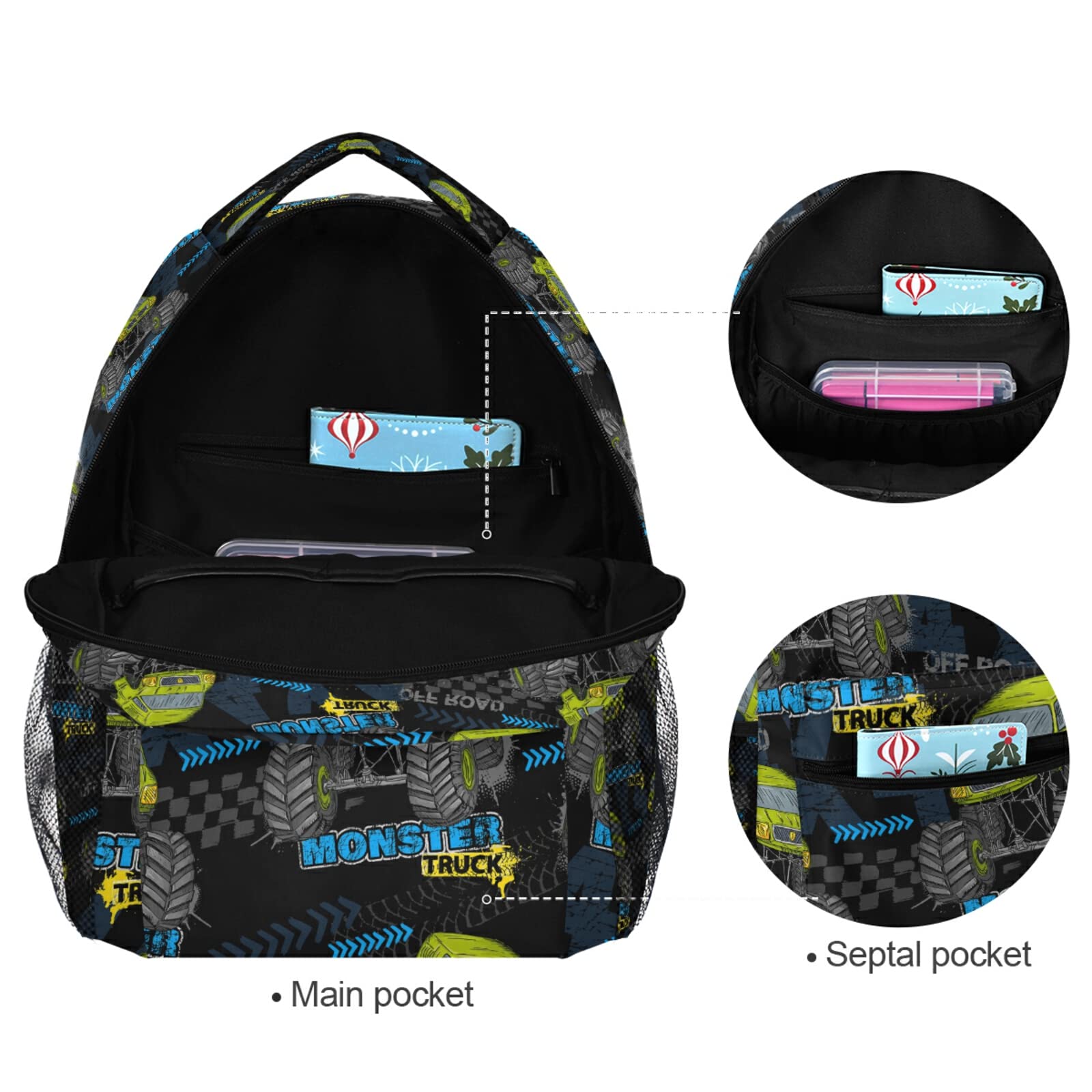 QUGRL Cool Monster Trucks Backpack for Kids & Teens - Large 16 Inch School Bookbag, Laptop Computer Bag for Boys & Girls - Durable Hiking, Travel & College Backpack for Daily Use, Sports & Outdoor Activities