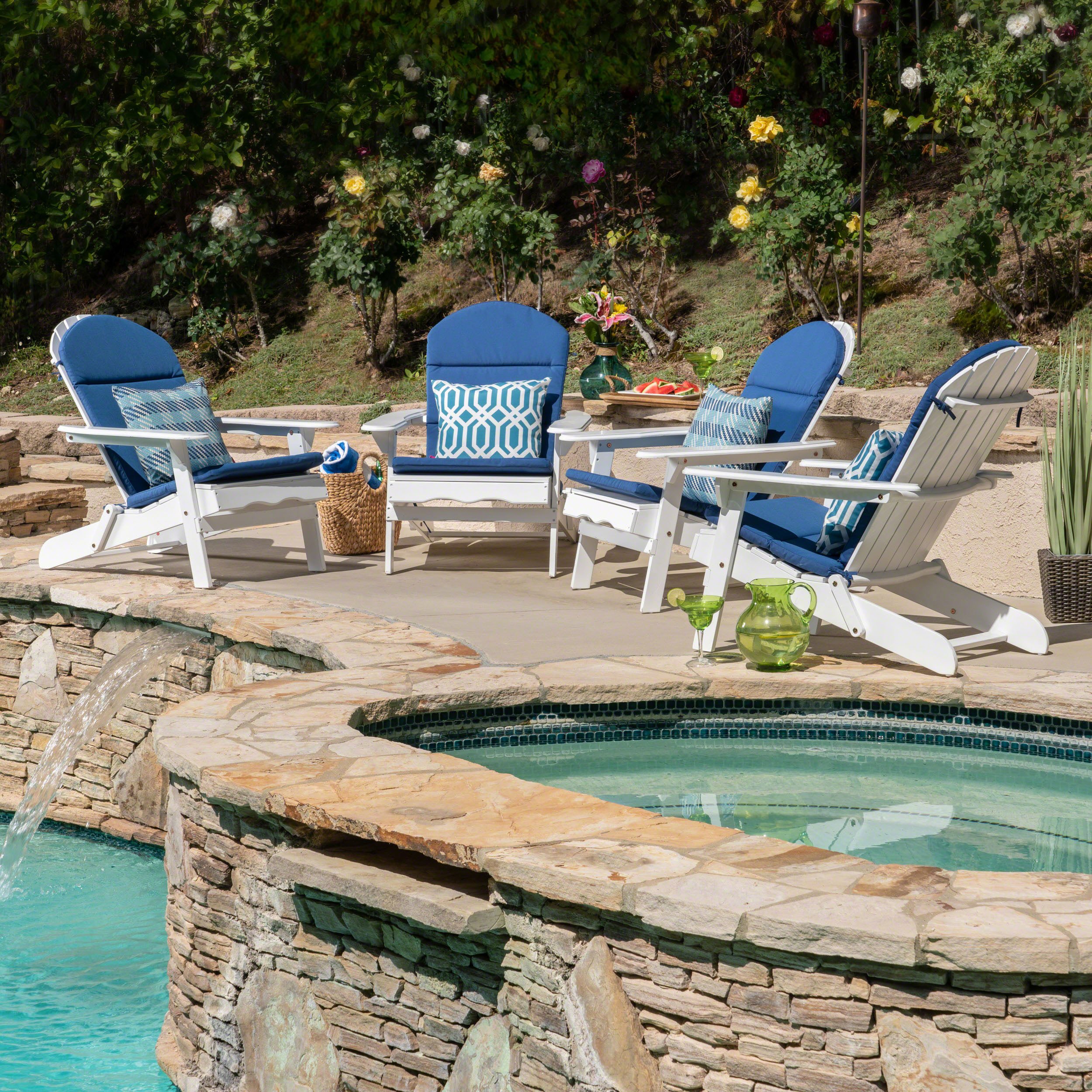Premium Acacia Wood Folding Adirondack Chairs with Cushions (Set of 4) - Weather-Resistant Outdoor Furniture for Patio, Garden, Poolside & Backyard Relaxation - White & Navy Blue