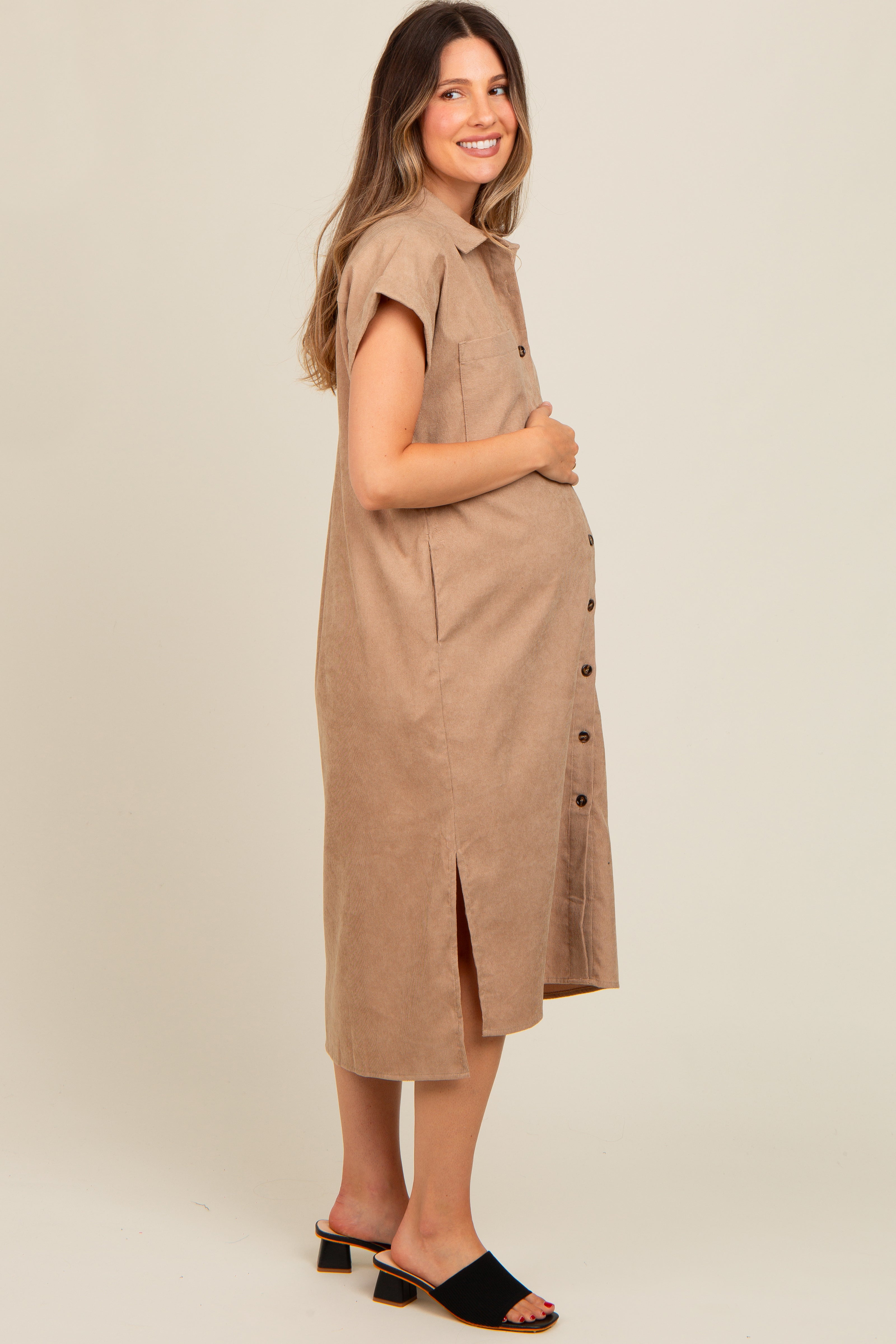 Beige Corduroy Button Down Maternity Midi Dress for Women - Comfortable Pregnancy Outfit for Casual Wear, Baby Shower & Photo Shoots