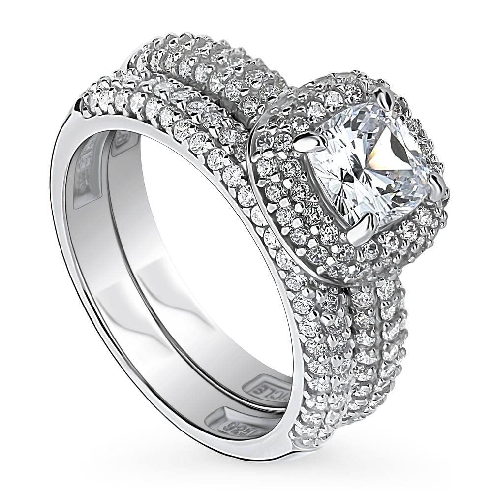 BERRICLE Sterling Silver Halo Wedding Engagement Ring Set for Women - Cushion Cut Cubic Zirconia CZ, Rhodium Plated, Size 4-10 | Elegant Bridal Jewelry for Proposals, Anniversaries & Special Occasions