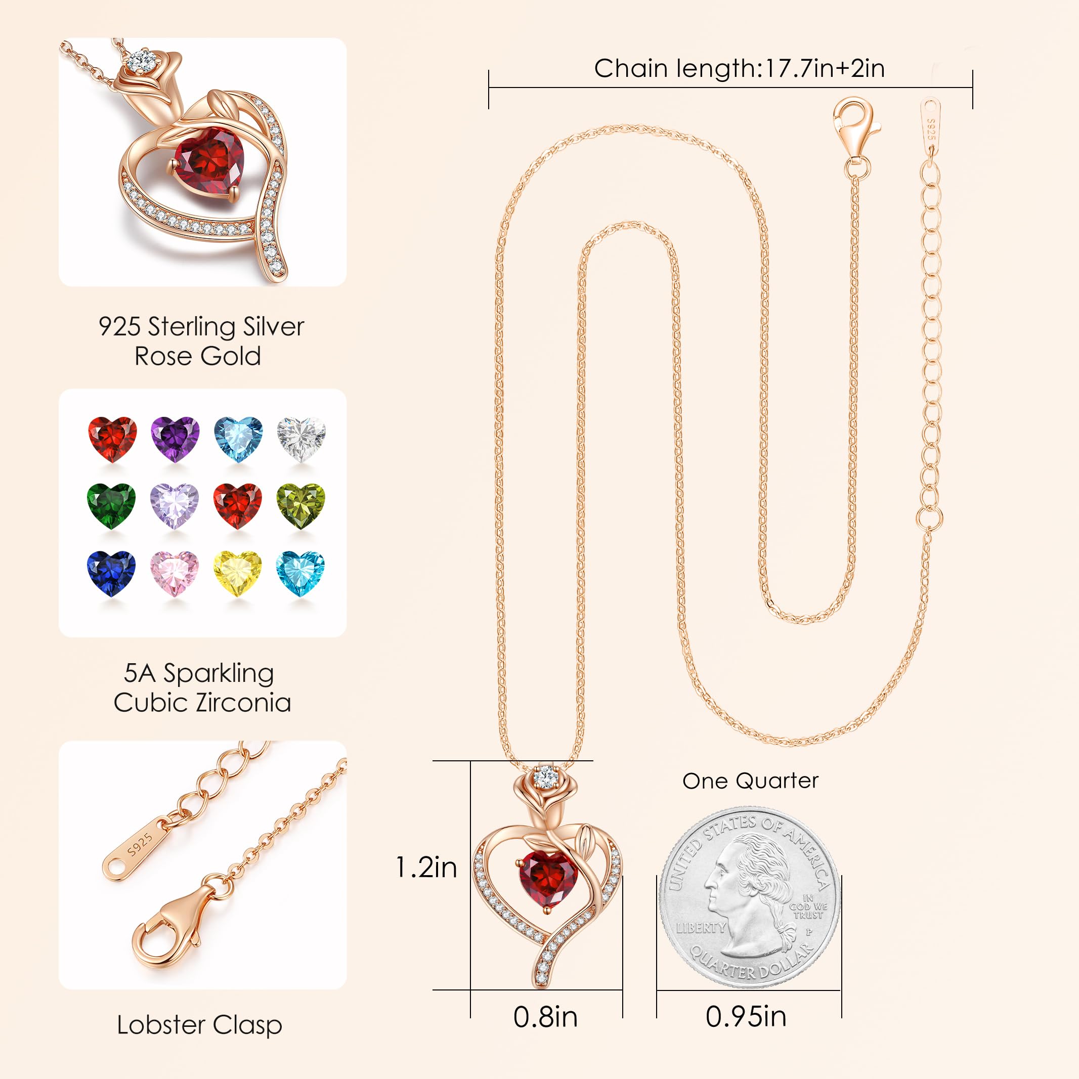 LOUISA SECRET 925 Sterling Silver Rose Flower Heart Birthstone Necklace for Women - Elegant Pendant Necklace for Wife, Mom, Girlfriend - Perfect Birthday, Anniversary & Christmas Gift - Ideal for Date Nights, Weddings & Special Occasions