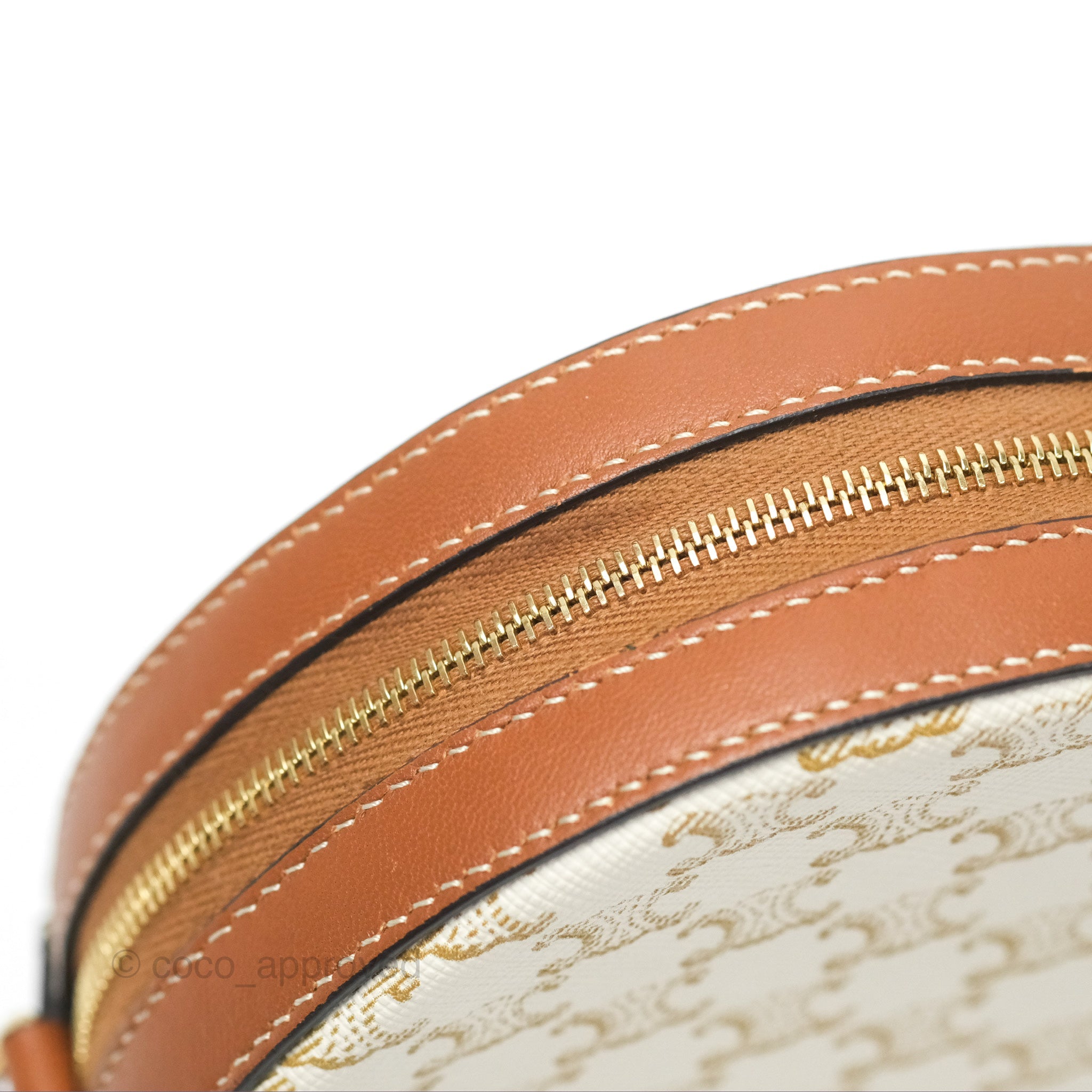 Celine Triomphe Canvas Round Crossbody Bag with Strap - White & Tan for Women | Perfect for Everyday Use, Travel, and Casual Outings