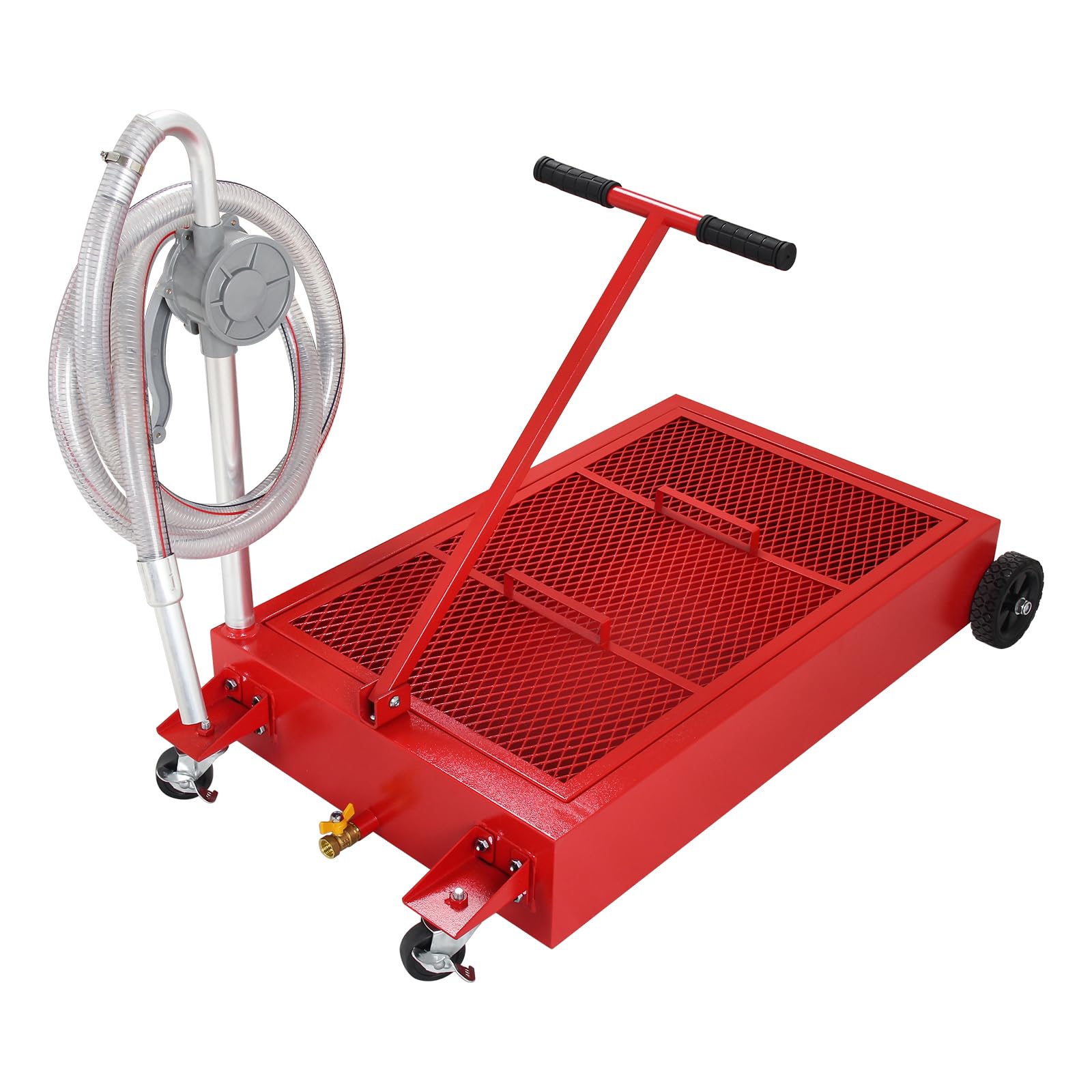 **25 Gallon Low Profile Oil Drain Pan with Foldable Hand, Pump & Hose – Heavy Duty Oil Change Tank with Swivel Casters for Cars, SUVs, Trucks – Perfect for DIY Garage & Professional Auto Repair (Red)**