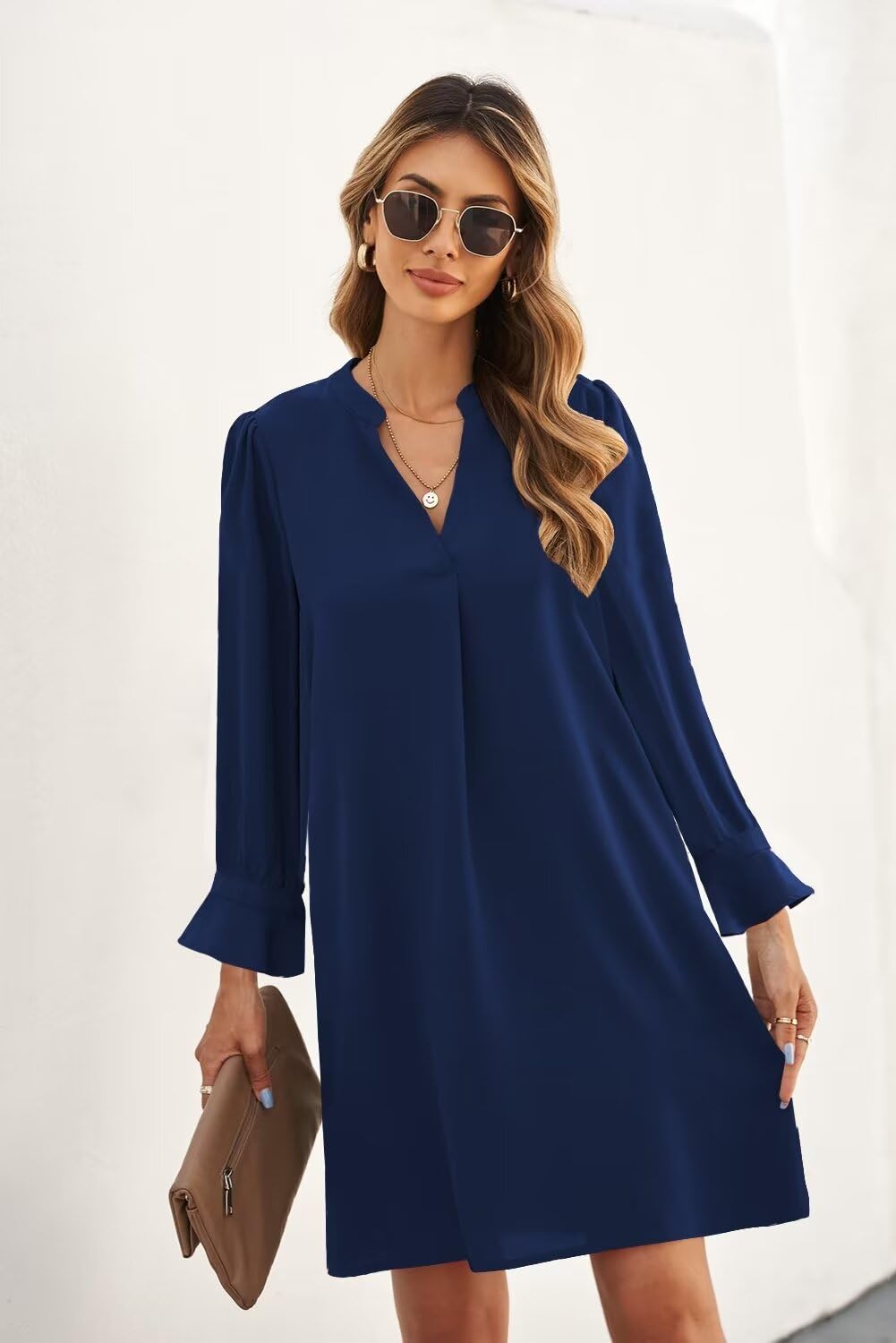 QACOHU Women's V-Neck Ruffle Long Sleeve Shift Dress - Casual Loose Flowy Dress for Spring Summer Autumn Winter 2025 | Perfect for Office, Date Night & Special Occasions