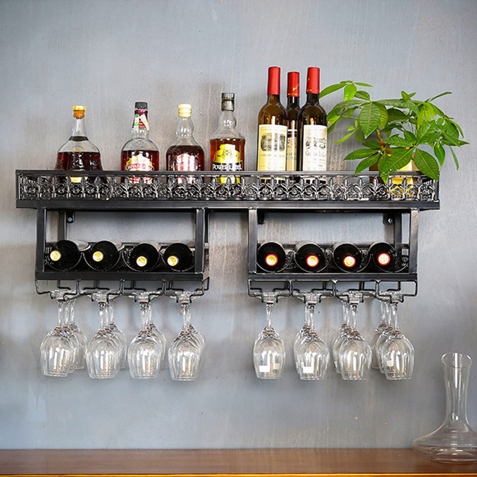 TFCFL Industrial Wall-Mounted Wine Rack & Glass Holder - Double Layer Metal Storage Shelf for Kitchen, Bar, Restaurant - Rustic Wrought Iron Display Organizer for Wine Bottles, Stemware & Decor - Perfect for Home Entertaining & Commercial Use