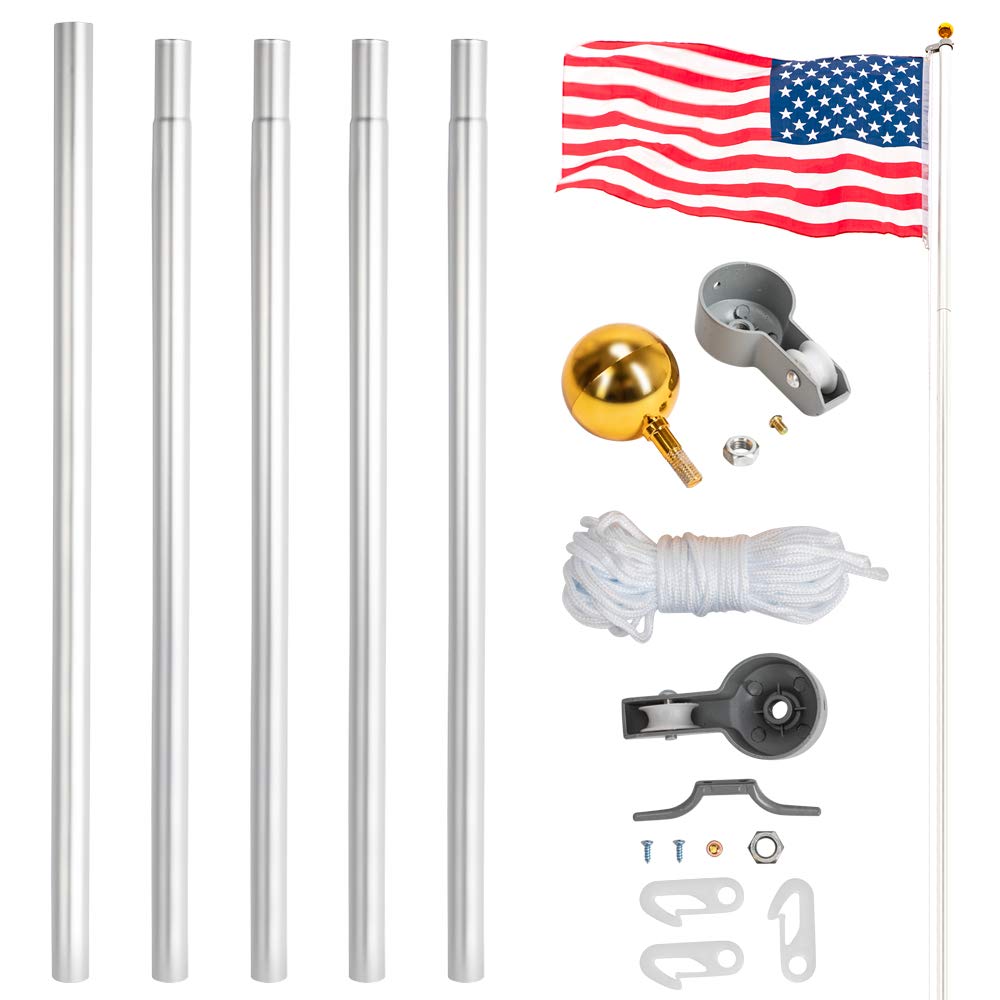 20FT/25FT American Flag Pole Kit with 3x5FT US Flag - 16 Gauge Aluminum Portable Ground Sectional Halyard Pole for Outdoor Commercial & Residential Use - Perfect for Patriotic Displays, Government Buildings, Schools & Backyards