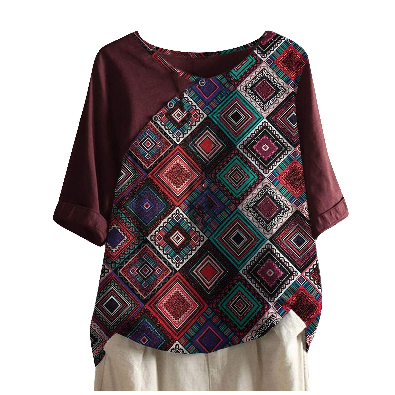 Women's Cotton Linen Jacquard Blouses - Summer Crewneck T-Shirt Pullover Henley Shirts for Women | Casual Wear, Office Outfits & Vacation Style