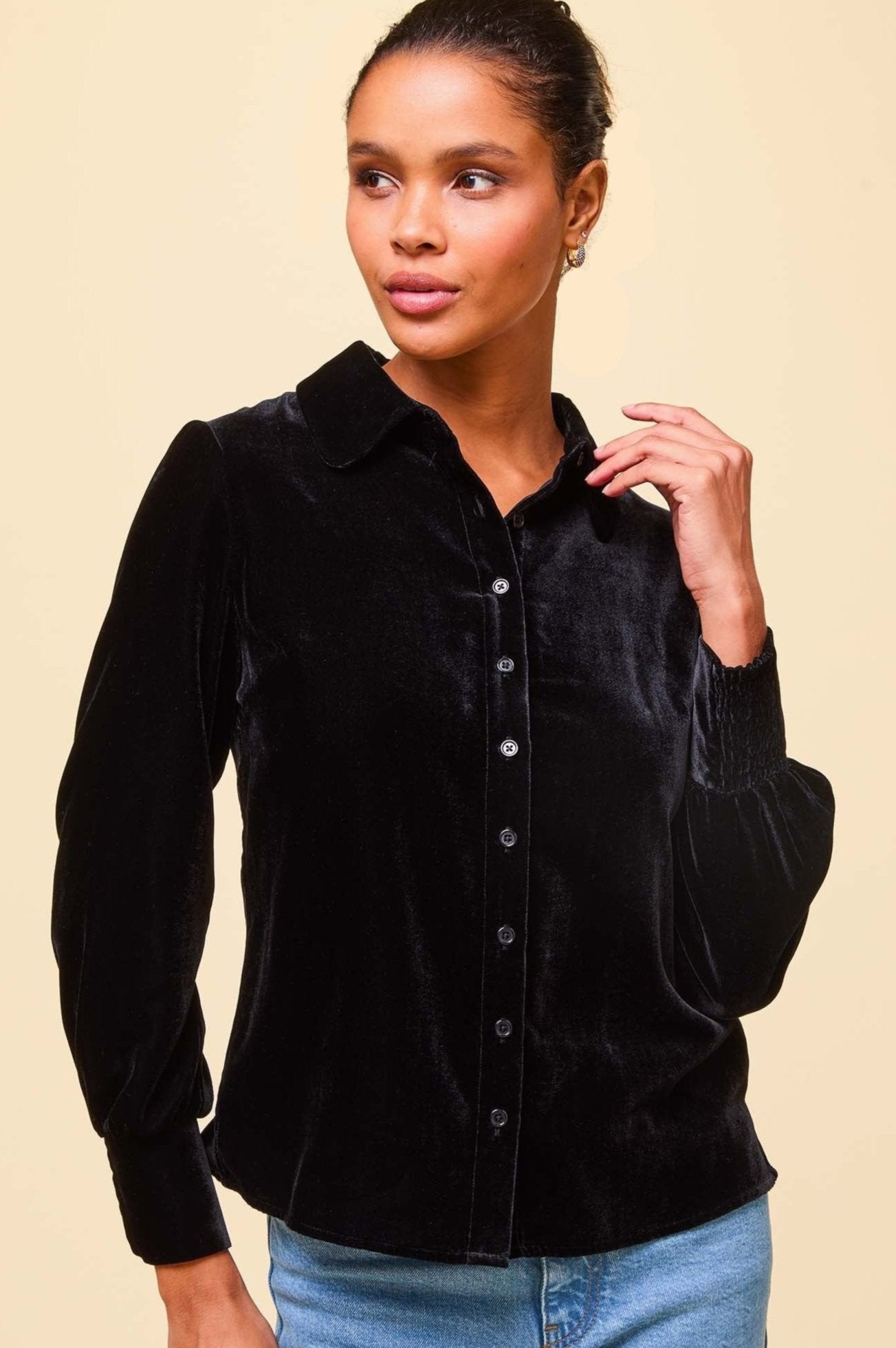 Ffion Velvet Shirt for Women - Soft & Luxurious Black Velvet Blouse - Perfect for Date Night, Office Wear & Special Occasions