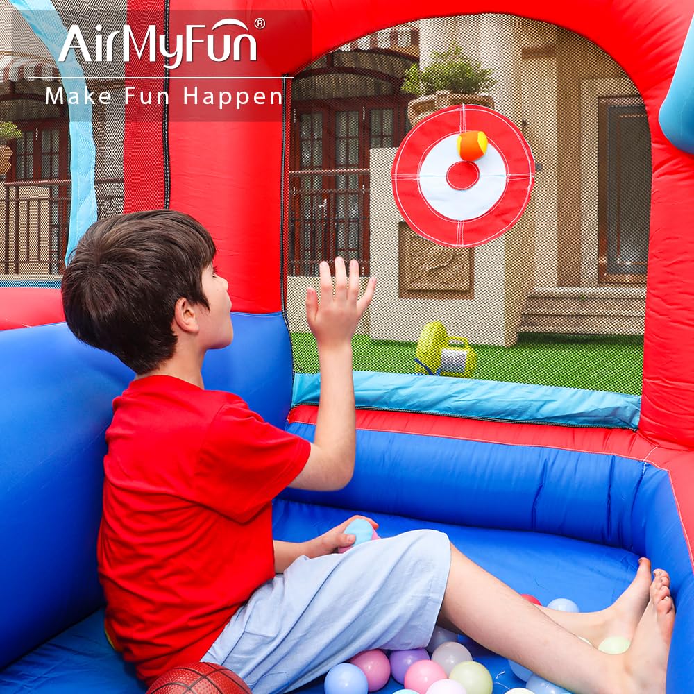AirMyFun Inflatable Bounce House with Slide & Ball Pit - Indoor/Outdoor Kids Bouncer Castle for Birthday Parties, Backyard Fun, and Family Gatherings - Includes Basketball Hoop, Target Balls & Boxing Gloves