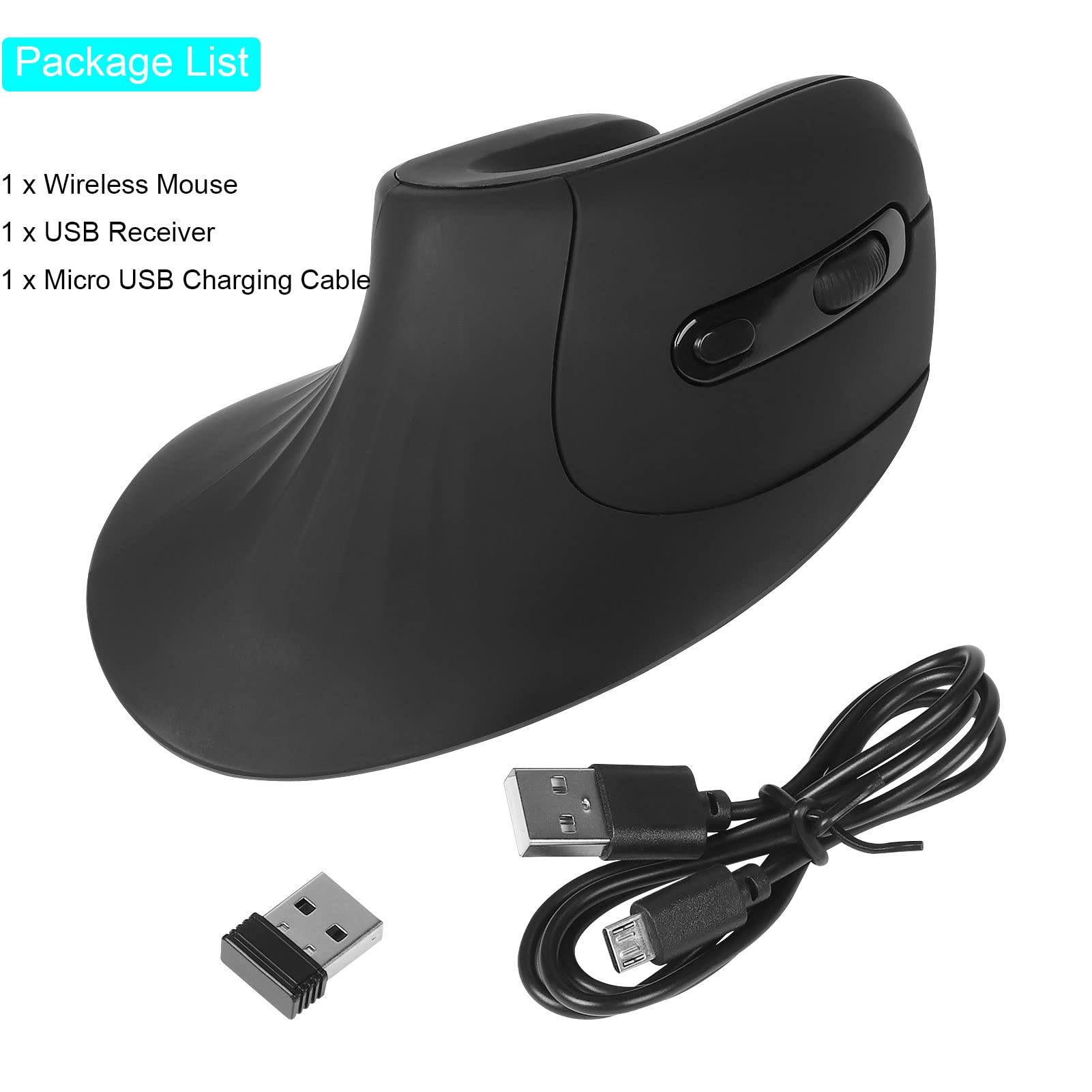 CHUYI Vertical Ergonomic Wireless Mouse - Rechargeable Silent Mouse with 3 Adjustable DPI (800/1200/1600) for PC, Laptop & Notebook - USB Receiver Included - Right-Handed Design (Black) - Perfect for Office Work, Gaming & Long Computing Sessions