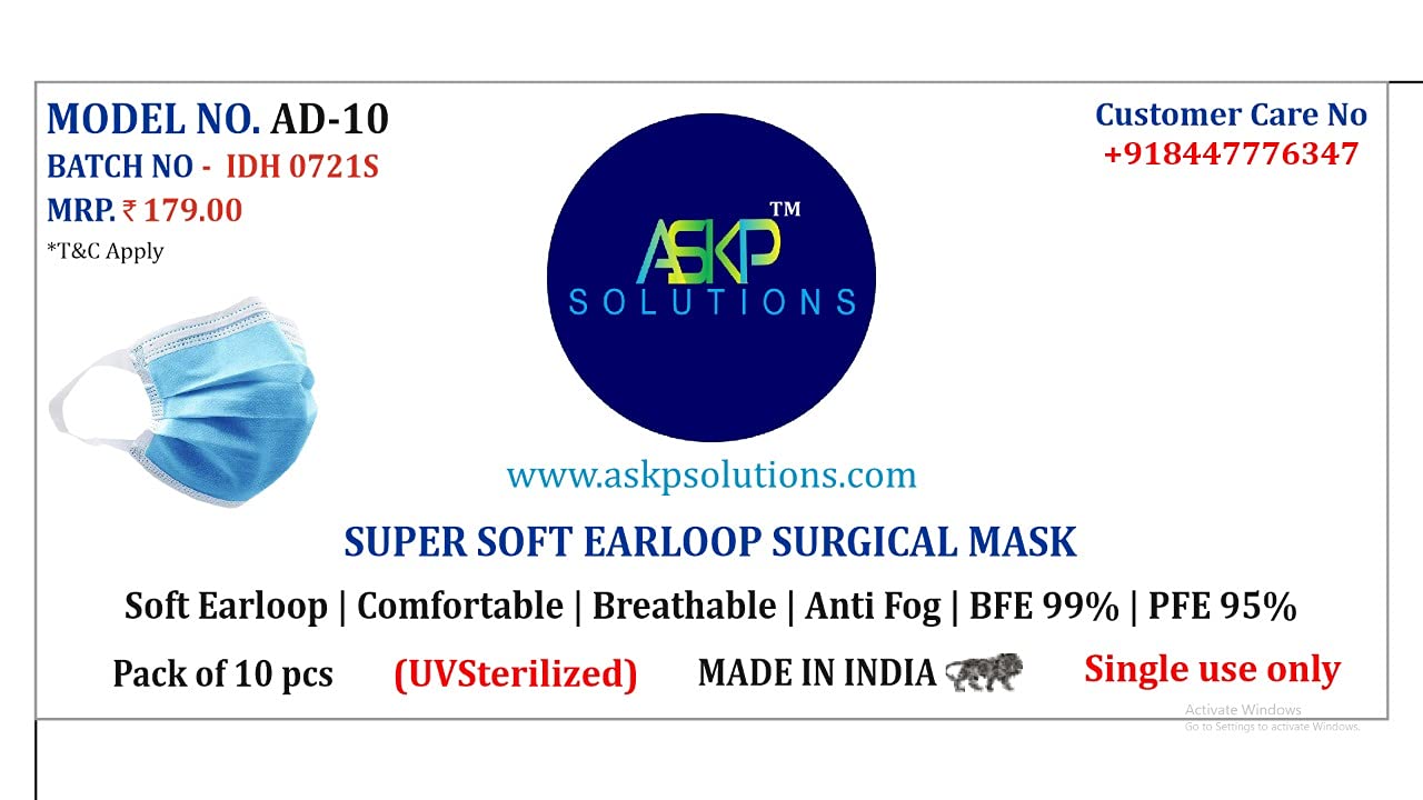 ASKP 3-Ply Disposable Face Masks - 20 Pack, ISO Certified, UV Sterilized, Soft Earloop, Meltblown & Non-Woven Fabric - Ideal for Daily Protection, Travel, and Public Safety