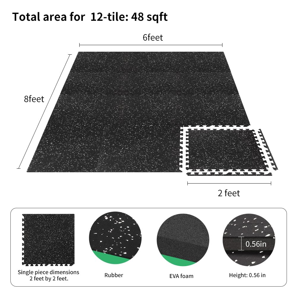 0.56in Thick 48 Sq Ft Interlocking Gym Flooring Tiles - Rubber Top with EVA Foam for Home Gym, Workout & Fitness Room - 12 Pack Exercise Equipment Mats for Shock Absorption & Noise Reduction | Perfect for Weightlifting, Yoga, Cardio & Home Workouts