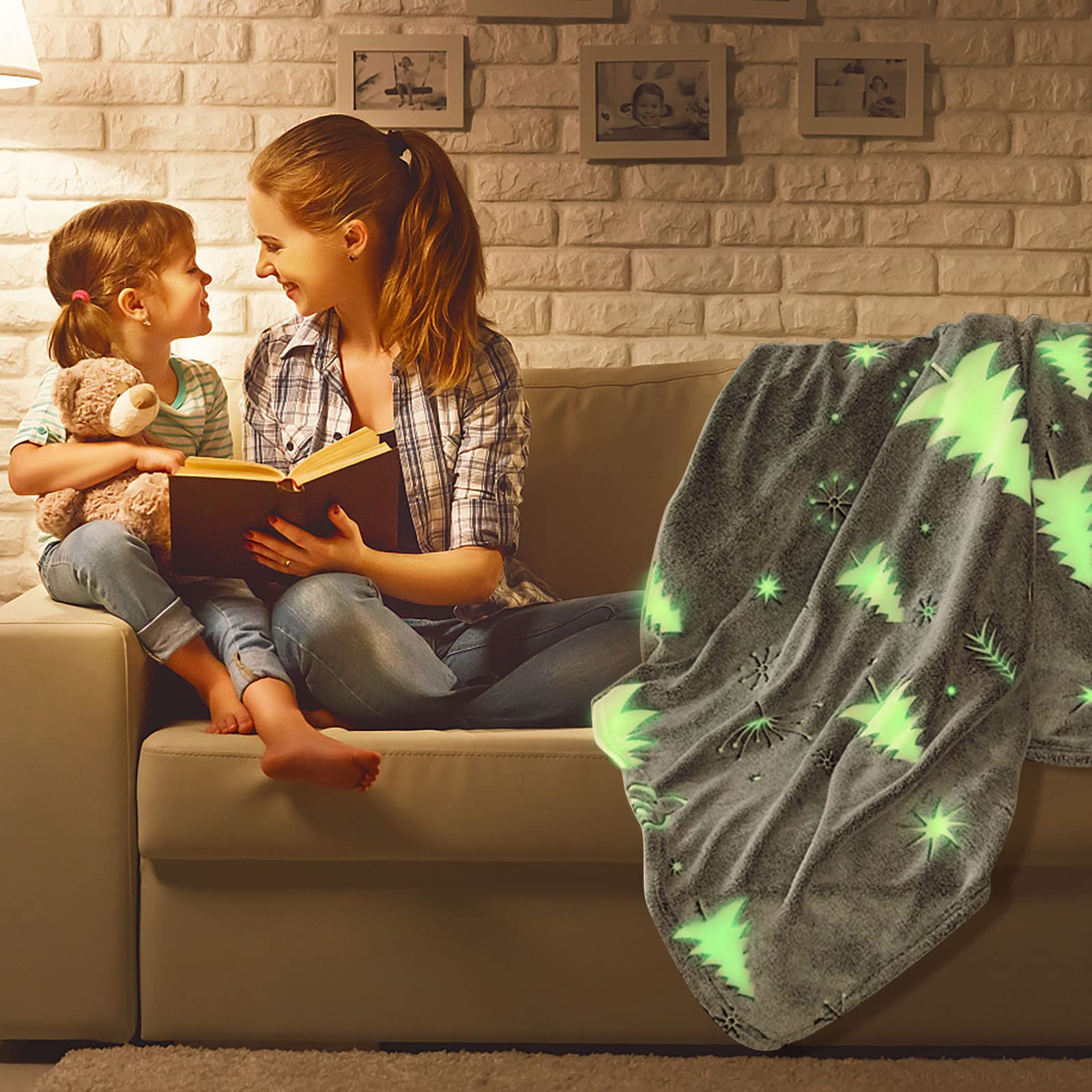 Glow in The Dark Warm Blanket - Christmas Tree Pattern Soft Fleece Throw for Kids & Adults - Cozy Flannel Blanket for Bed, Sofa, Nursery - Twin Size XL (A1-Grey) - Perfect for Winter Nights, Christmas Decor & Gift Giving