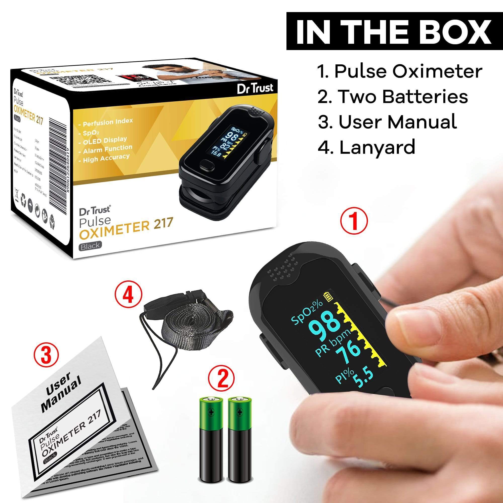 Dr Trust USA Pulse Oximeter 217 (Black) - Fingertip Oxygen Monitor with Heart Rate & SpO2 Measurement - for Home Use, Sports, Travel & Health Monitoring