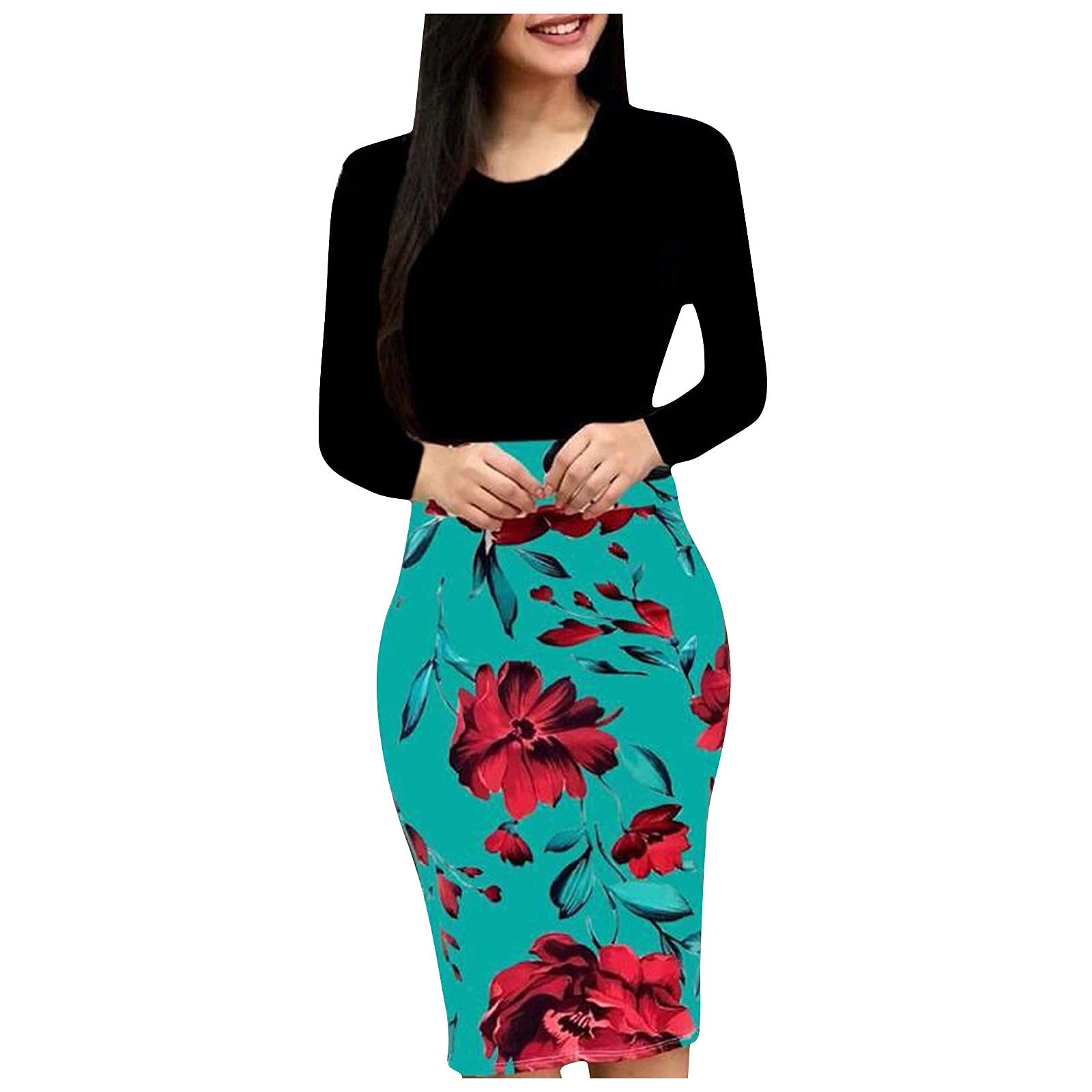 NaRHbrg Women's Floral Print Bodycon Pencil Dress - Long Sleeve High Waist Midi Dress for Evening Party, Work & Cocktail Events | Perfect for Office Wear, Date Night & Formal Occasions