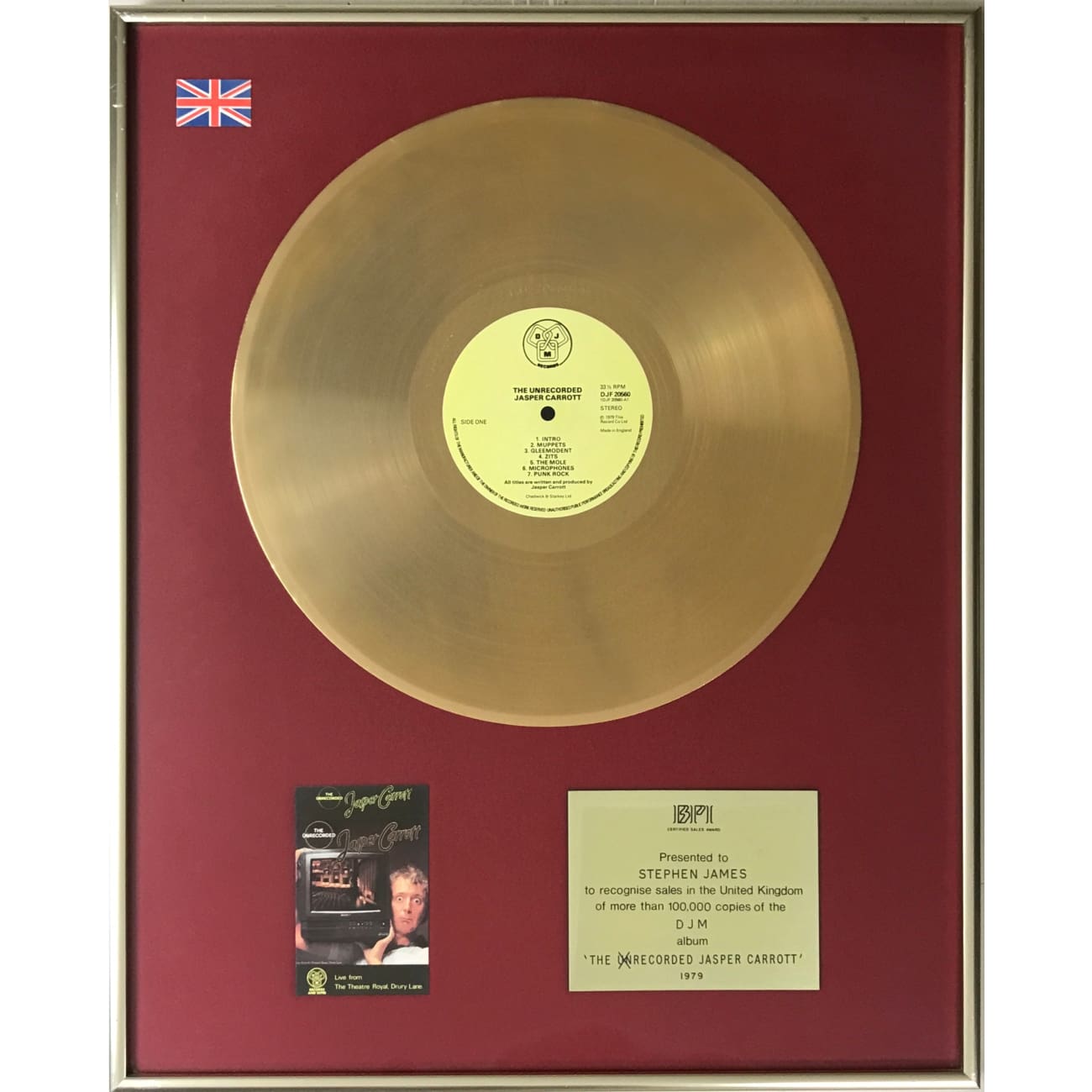 Jasper Carrott The Unrecorded 1979 BPI Gold LP Award - Rare Vintage Comedy Vinyl Record for Collectors & Music Enthusiasts | Perfect for Retro Music Nights & Comedy Lovers