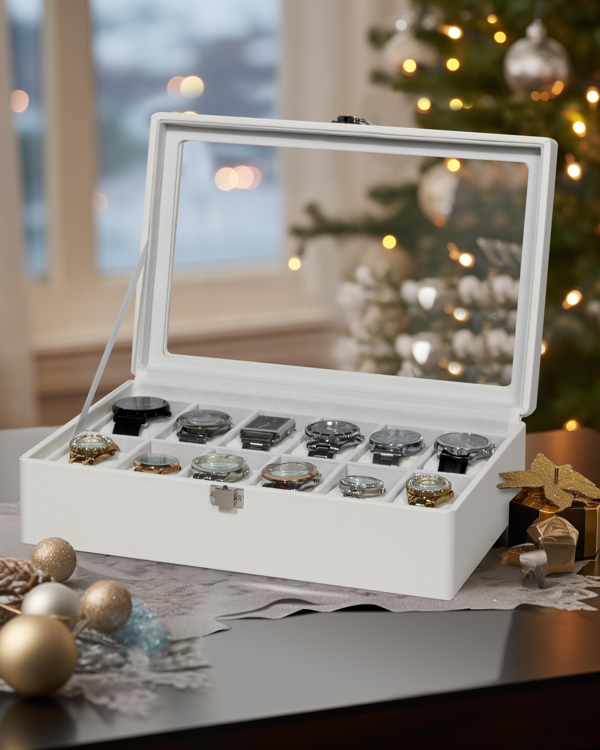 Premium GUKA 12-Slot Watch Box with Real Glass Lid & Removable Pillows - Luxury White Synthetic Leather Watch Organizer for Men | Perfect for Watch Collection Display, Storage & Travel