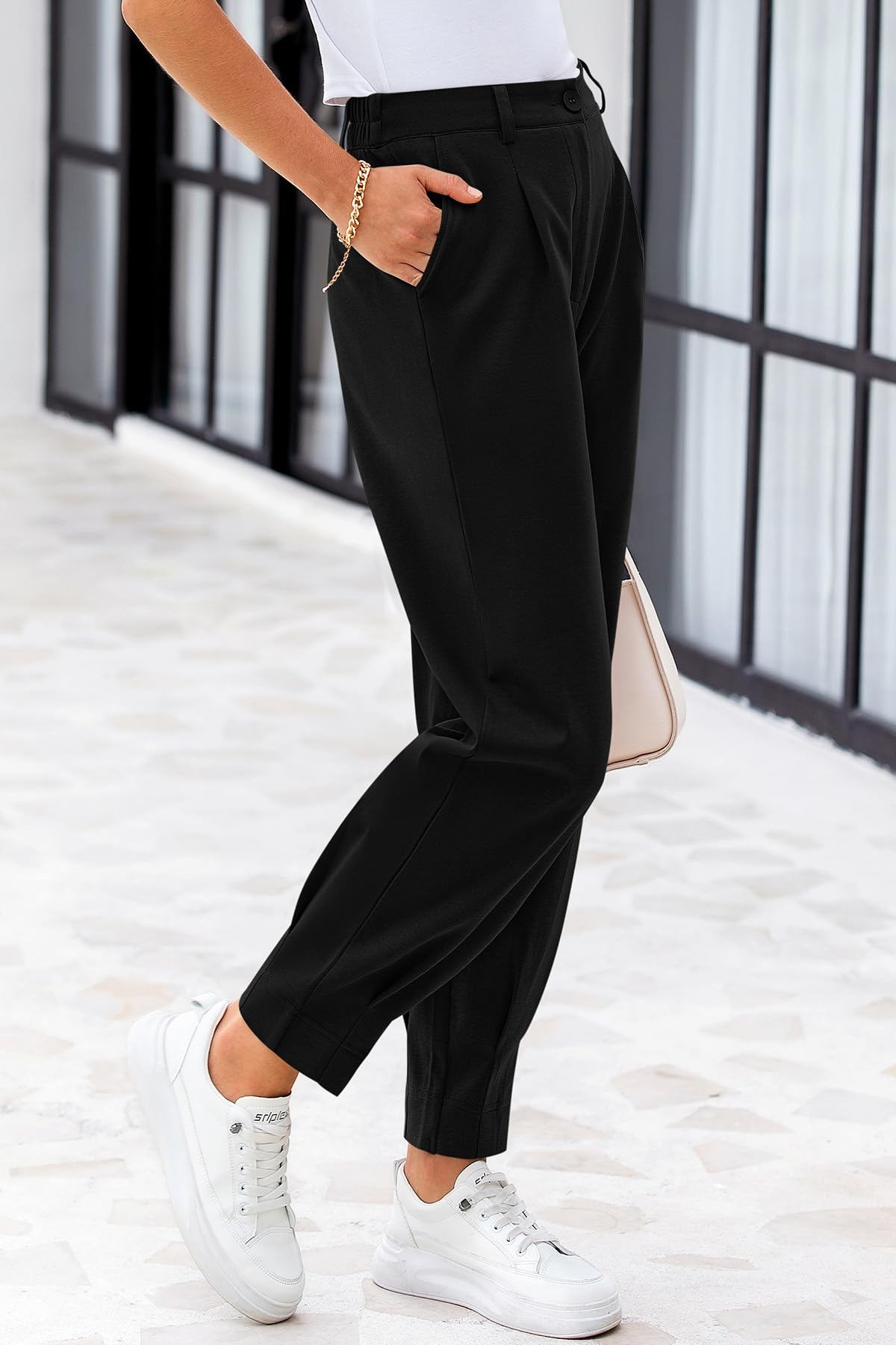 CFLONGE Women's High Waisted Summer Pants 2025 - Casual Ankle Length Office Work Trousers with Pockets | Perfect for Business Casual, Travel & Everyday Wear