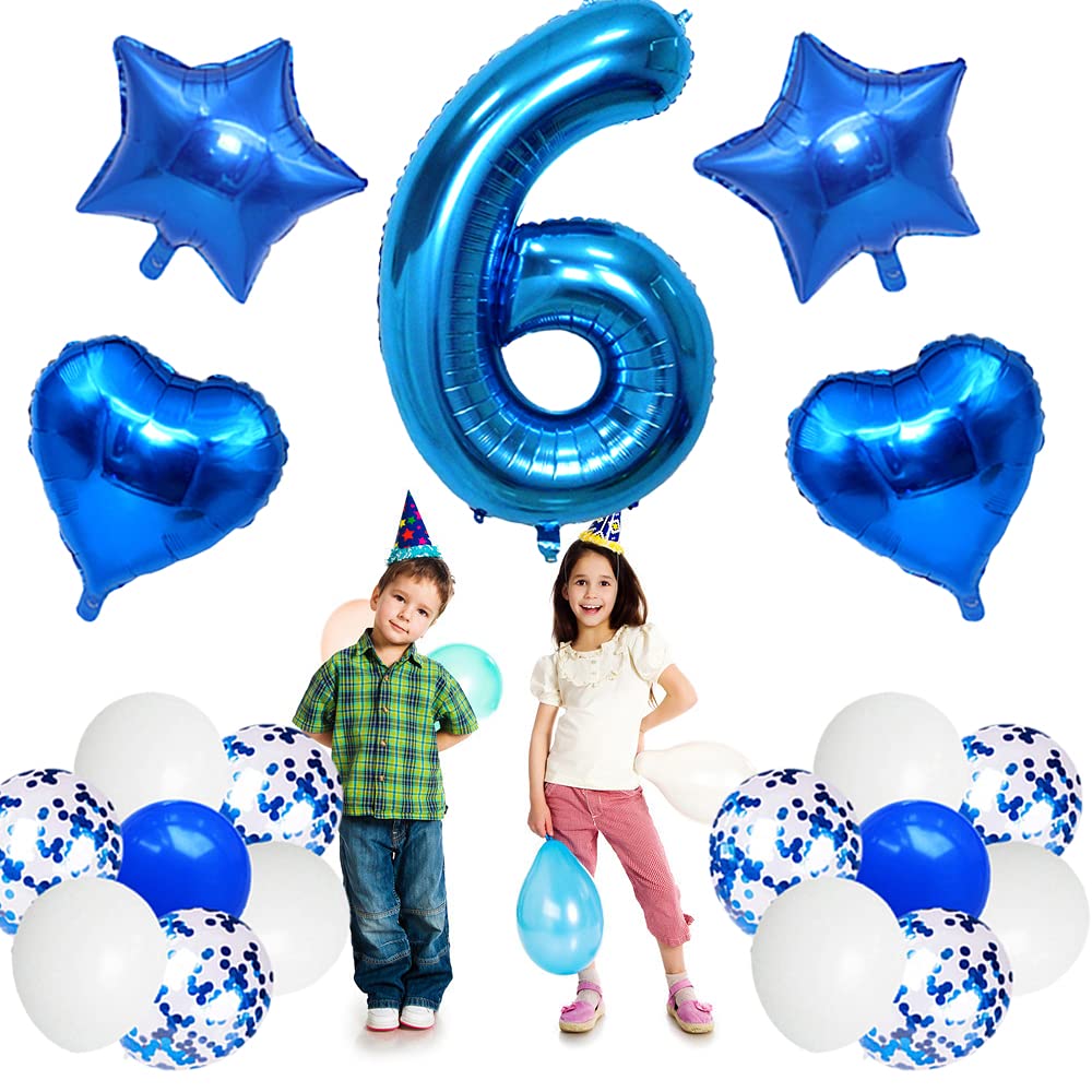 6th Birthday Party Decorations Kit - Blue Foil Balloons, Happy Birthday Banner, White & Blue Confetti & Star Balloons - Perfect for Girls & Boys Birthday Celebrations - Ideal for Home Parties, School Events & Birthday Photos
