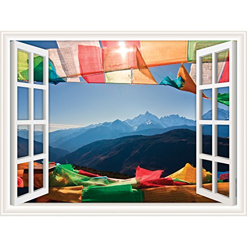 Peel & Stick Fabric Wall Decals - Window Views Prayer Flags (12x9 inches) | Removable Home Decor for Bedroom, Nursery & Office