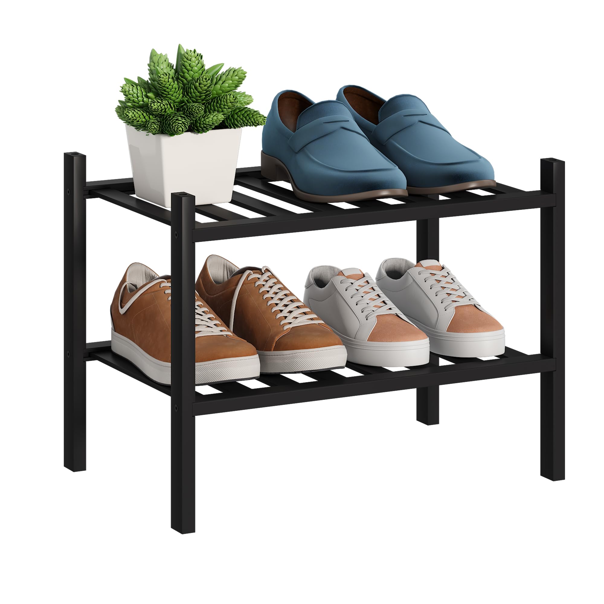 Premium 2-Tier Bamboo Shoe Rack - Stackable Shoe Storage Organizer for Hallway, Closet & Entryway - Space Saving Black Bamboo Shelf for Living Room, Bedroom & Dorm Organization