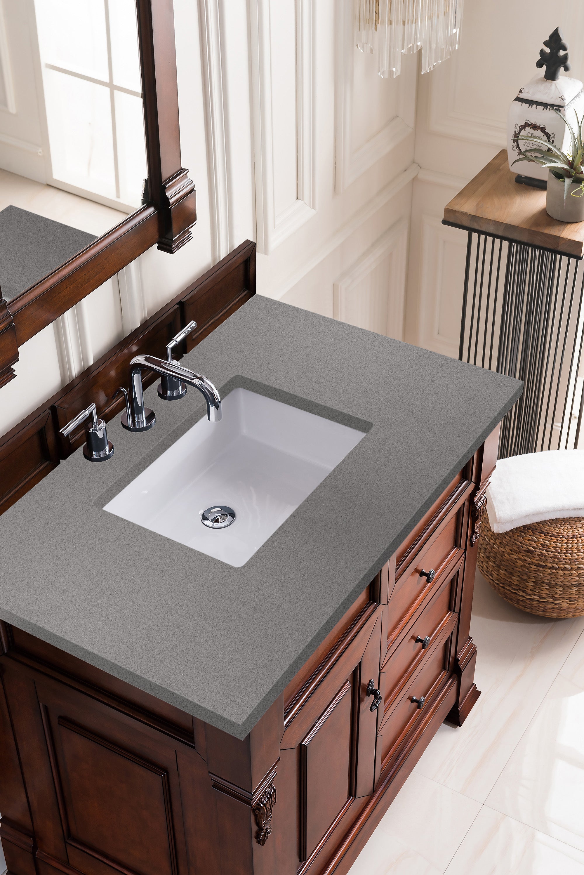 Brookfield 36 Inch Single Bathroom Vanity with Warm Cherry Finish & 3CM Grey Expo Quartz Countertop - Perfect for Modern Master Bathrooms and Guest Suites
