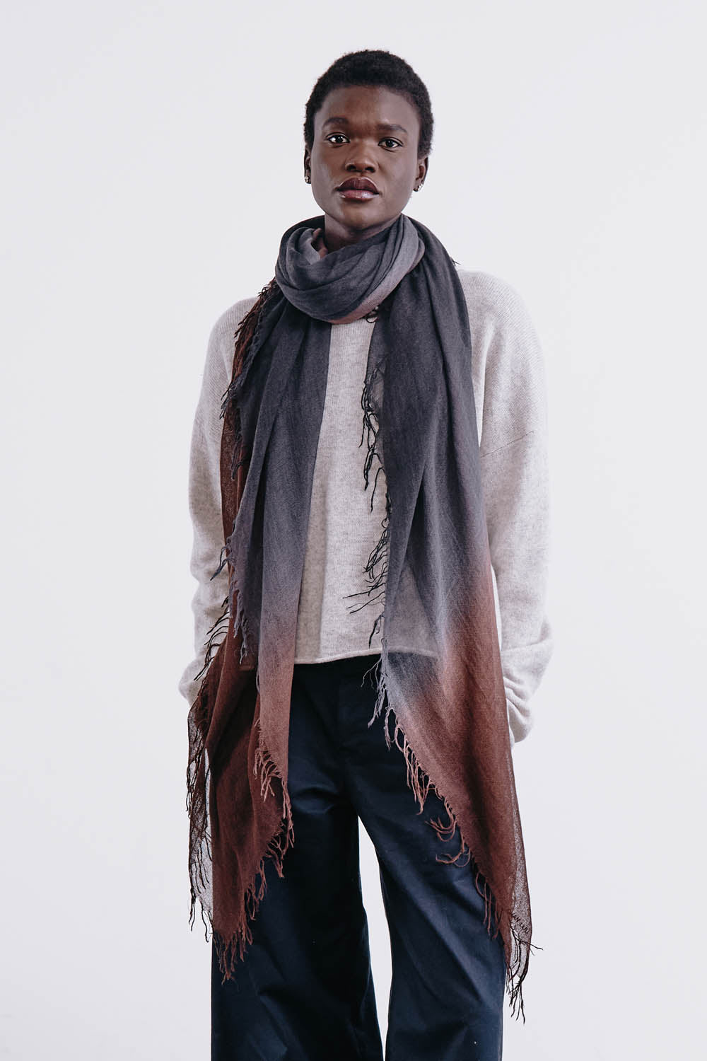 Luxury Cashmere and Silk Scarf - Espresso Dip Dyed - Soft Warm Winter Accessory for Women - Perfect for Office, Travel and Gift Giving