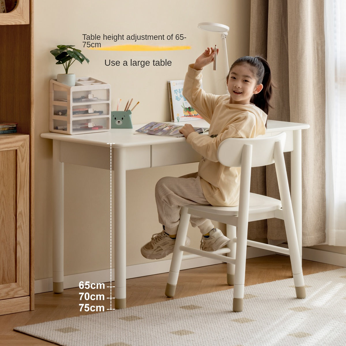 Solid Poplar Wood Kids Height-Adjustable Learning Desk with Cream Drawer - Perfect for Homeschooling, Online Classes & Study Room Organization