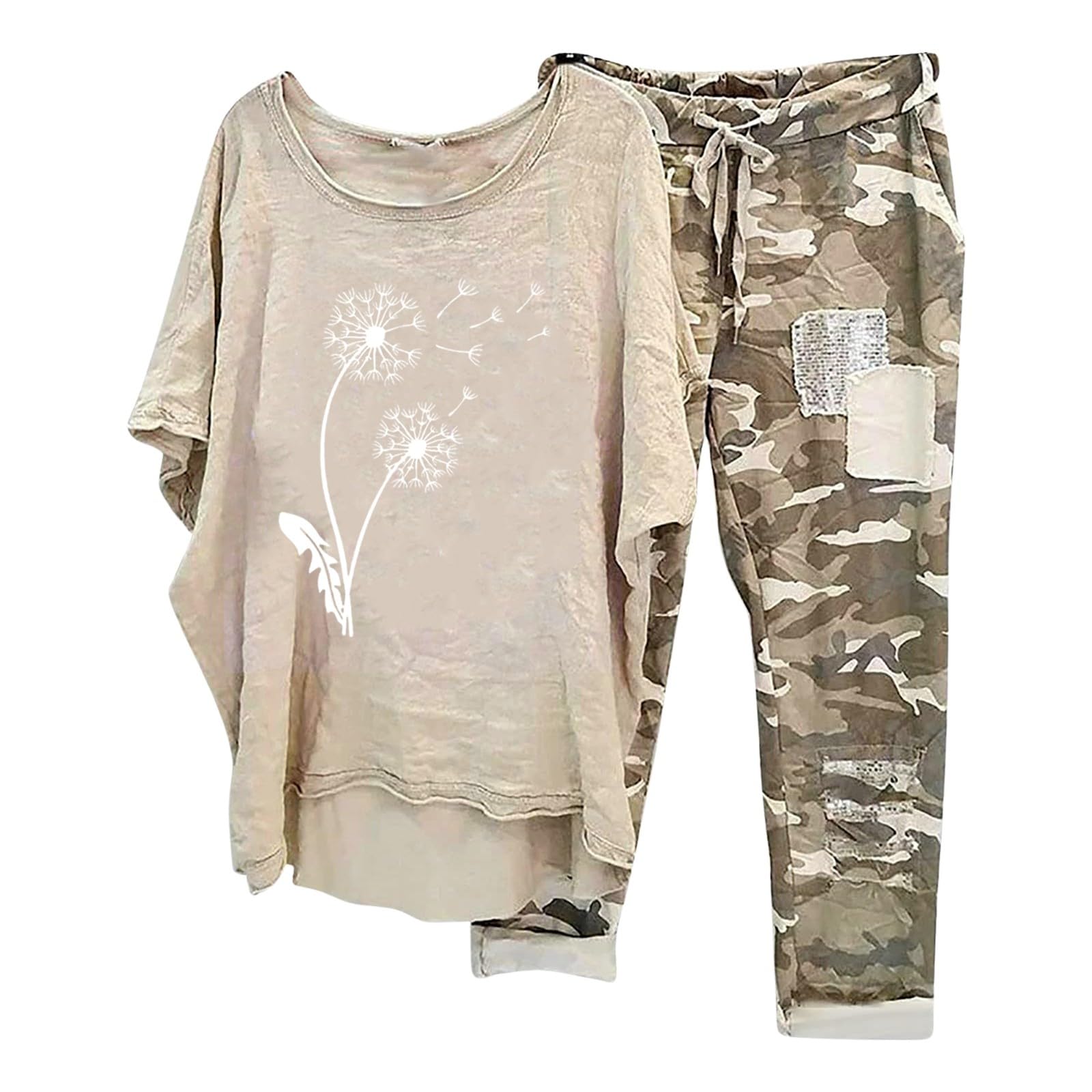 Women's Straight Leg Yoga Pants - Camo Print Dressy Lounge Pants & Linen Loose Suits with Dandelion Print Shirt Set | Perfect for Yoga, Workout, Casual Wear and Home Relaxation