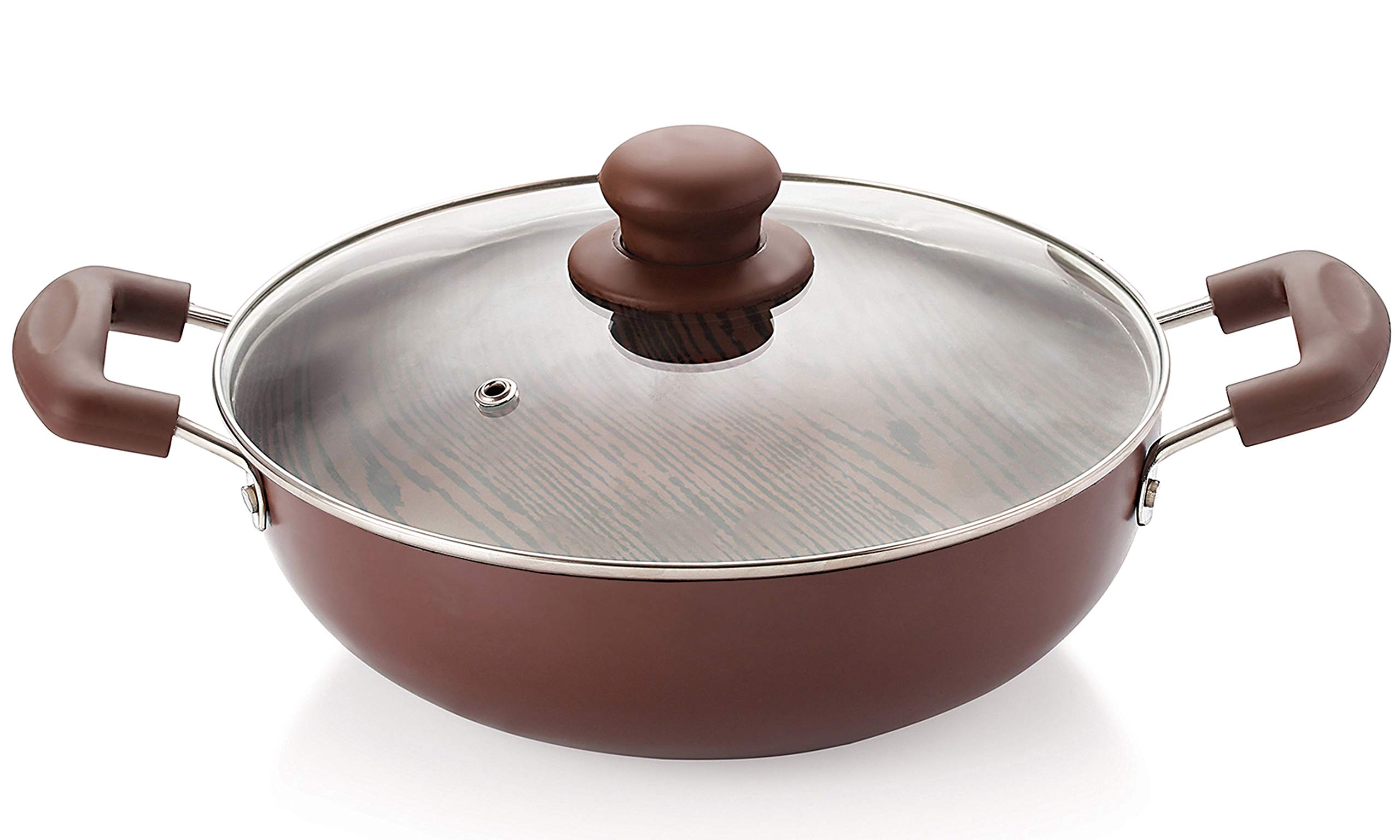 Wooden Handle Non-Stick Aluminum Deep Kadhai Wok with Glass Lid - 24cm, 3L, Dishwasher Safe (Wood Color) - Perfect for Indian Cooking, Stir-Frying & Serving Dishes