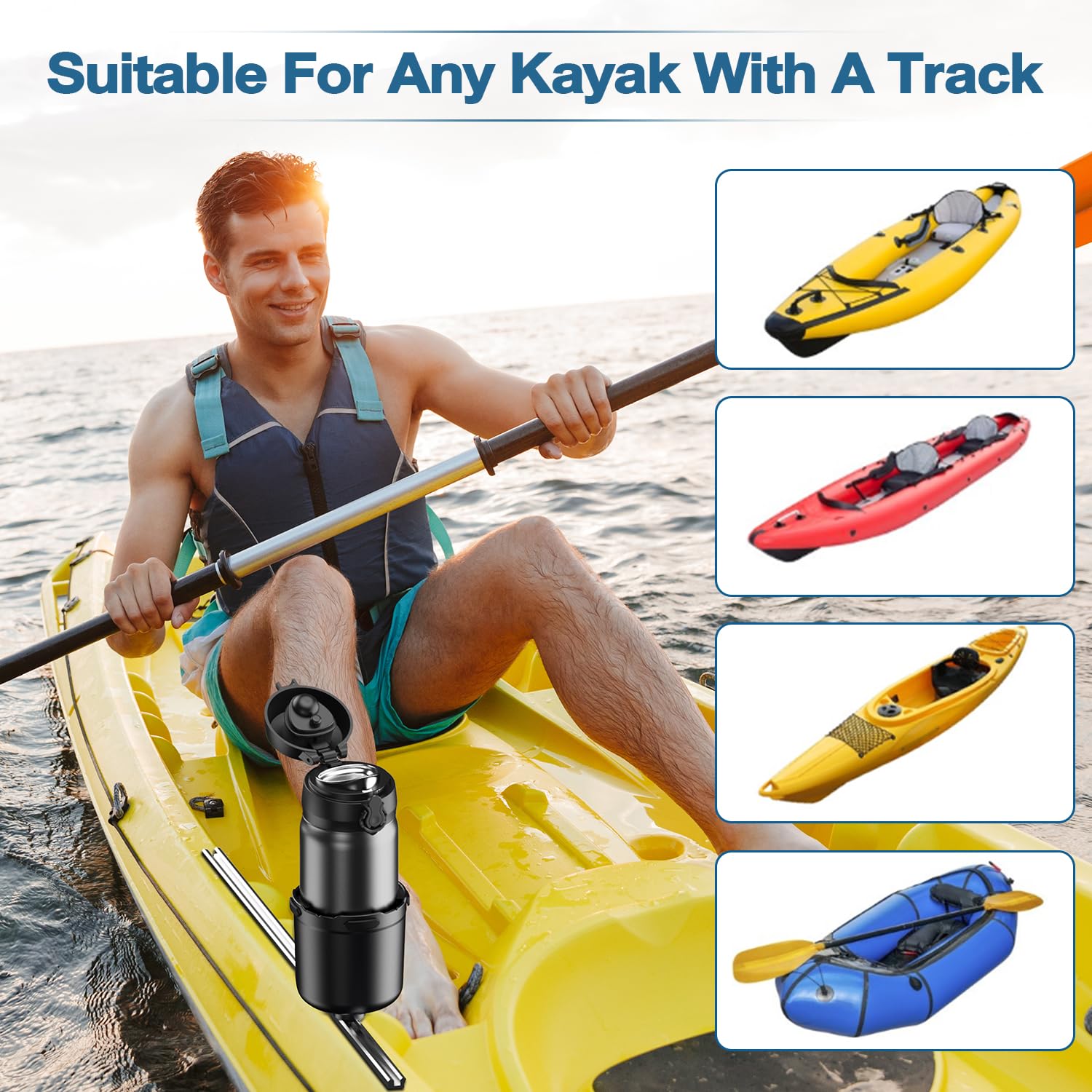 Multi-Functional Kayak Cup Holder with Rubber Tab - Water Bottle & Drink Holder, Phone Mount, Lures Storage - Kayak Track Mount Installation - Perfect Kayak Accessories for Fishing & Outdoor Water Sports