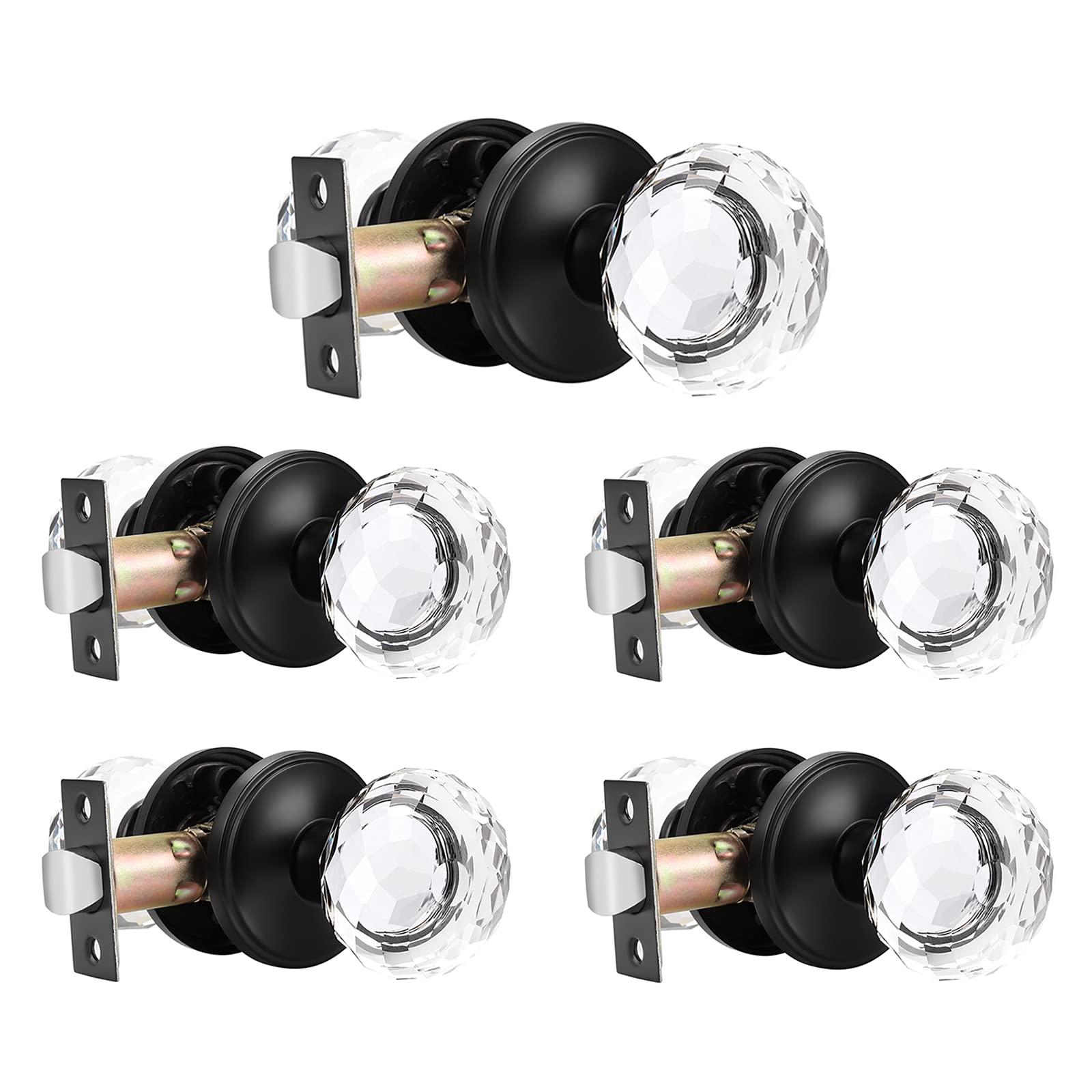 Premium 5-Pack Diamond Clear Crystal Glass Door Knobs with Black Rosette - Heavy Duty Faceted Round Handles for Interior Doors, Hallways & Closets (Passage Function, No Lock) - Perfect for Home Renovation, Bedroom Doors & Vintage Style Decor