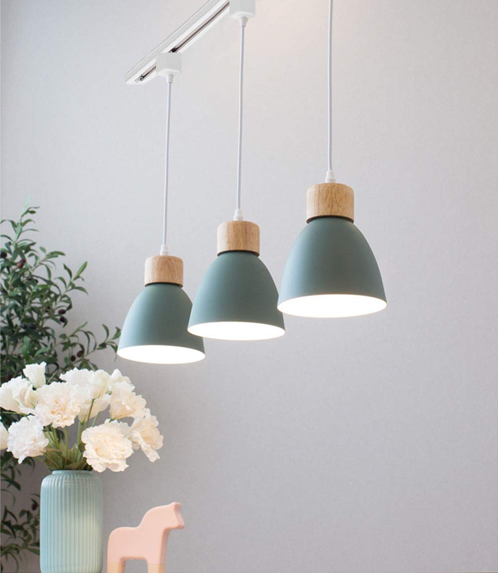 Dimmable 3-Lights H-Type Track Lighting Fixture with Green Macaron Aluminum Shade - Modern Adjustable Pendant Light for Kitchen, Dining Room & Retail Spaces