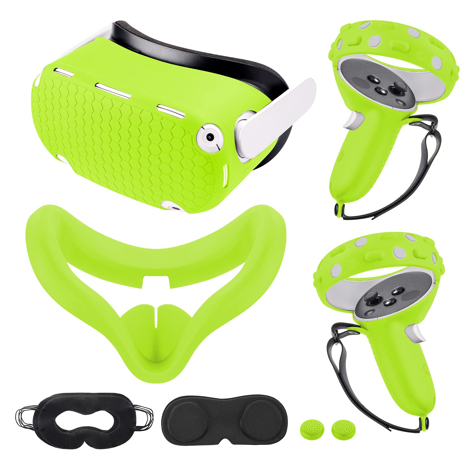 Oculus Quest 2 VR Accessories Set - Silicone Face Cover, VR Shell Case, Controller Grip Protector, Lens Cover & Disposable Eye Mask (Green) for Enhanced Comfort & Hygiene During VR Gaming Sessions