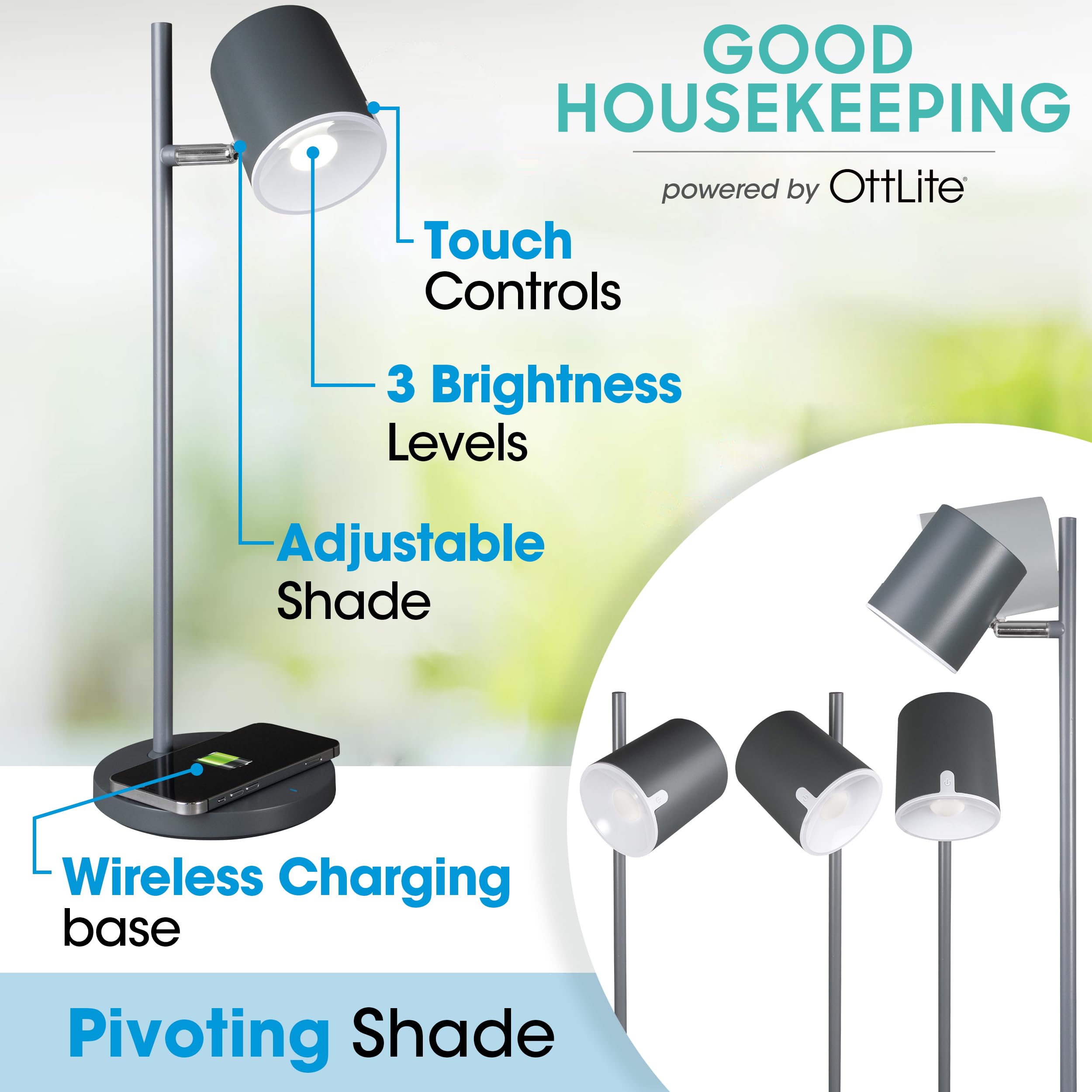 OttLite Good Housekeeping Modern LED Desk Lamp with Wireless Charger - Adjustable Dimmable Reading Light for Home Office, Study & Bedroom - Reduces Eyestrain, Perfect as Book Light & Workspace Lighting