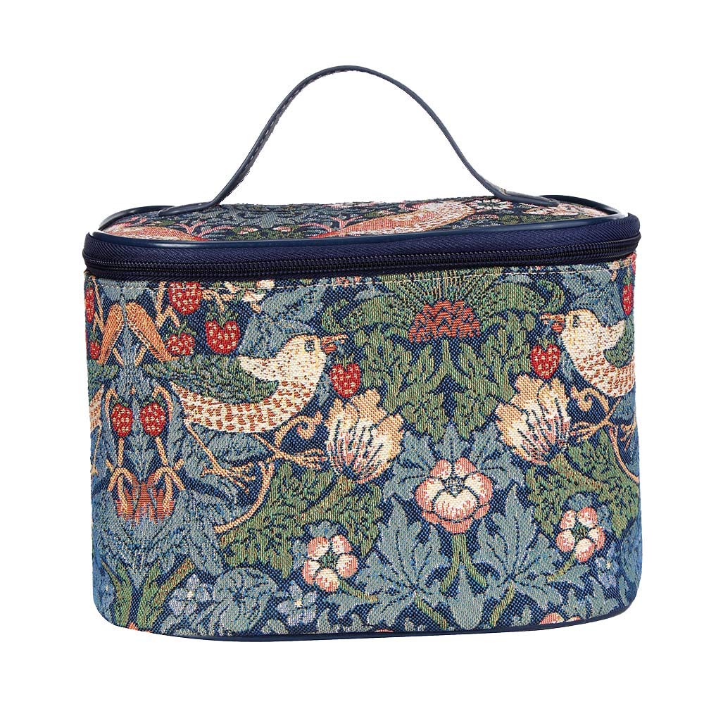 Signare William Morris Strawberry Thief Blue Tapestry Toiletry Bag - Waterproof Makeup Organizer for Women | Travel Cosmetic Case for Vacation, Gym & Daily Use