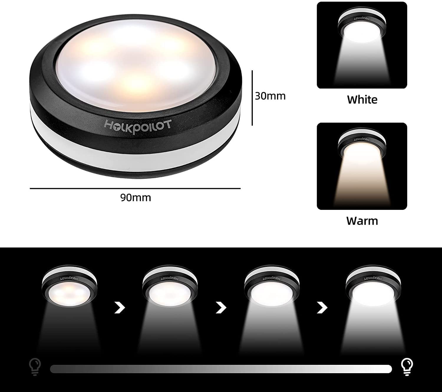 HOLKPOILOT 6-Pack Battery-Operated LED Puck Lights with Remote Control - Under Cabinet Lighting, Closet Light, Night Light for Kitchen, Bedroom, Nursery & Staircase (Includes 18 Batteries)