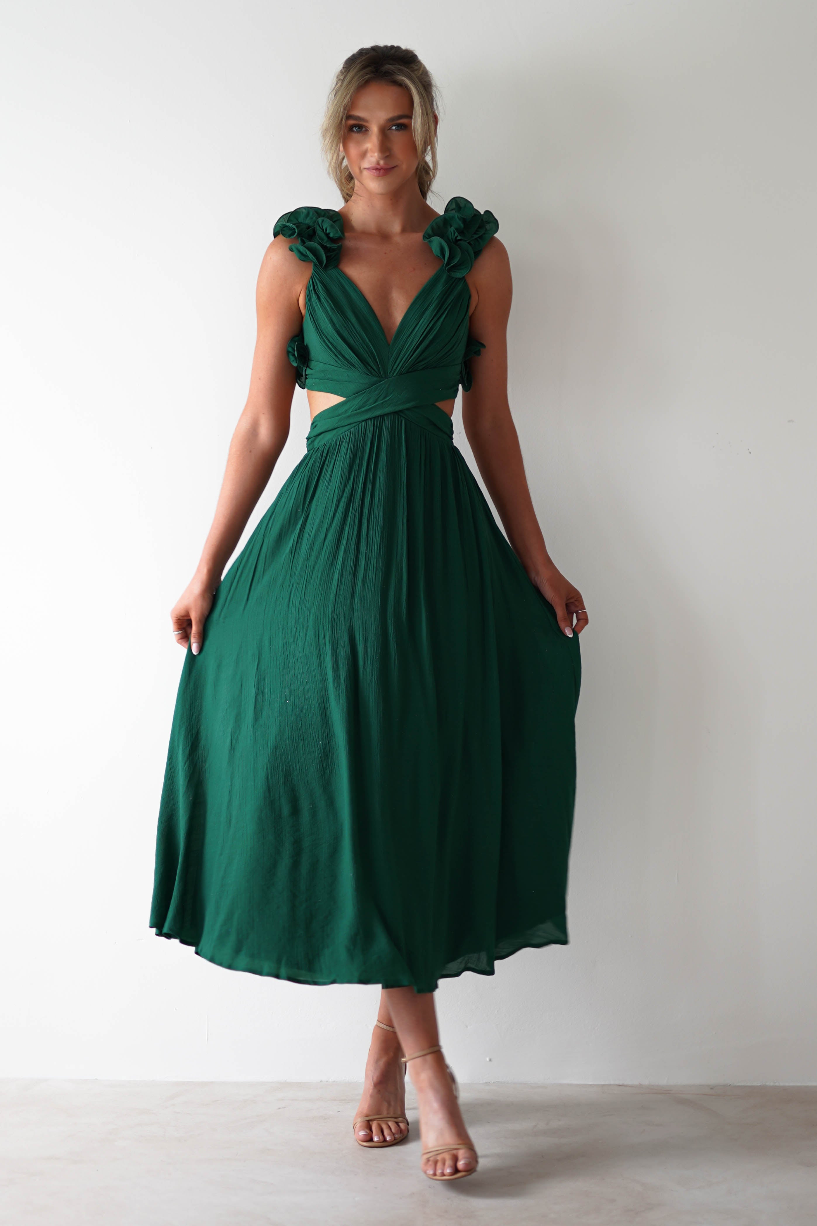 Phoebe Midaxi Dress in Forest Green - Elegant Flowy Midi Dress for Women | Perfect for Casual Outings, Date Nights & Special Occasions