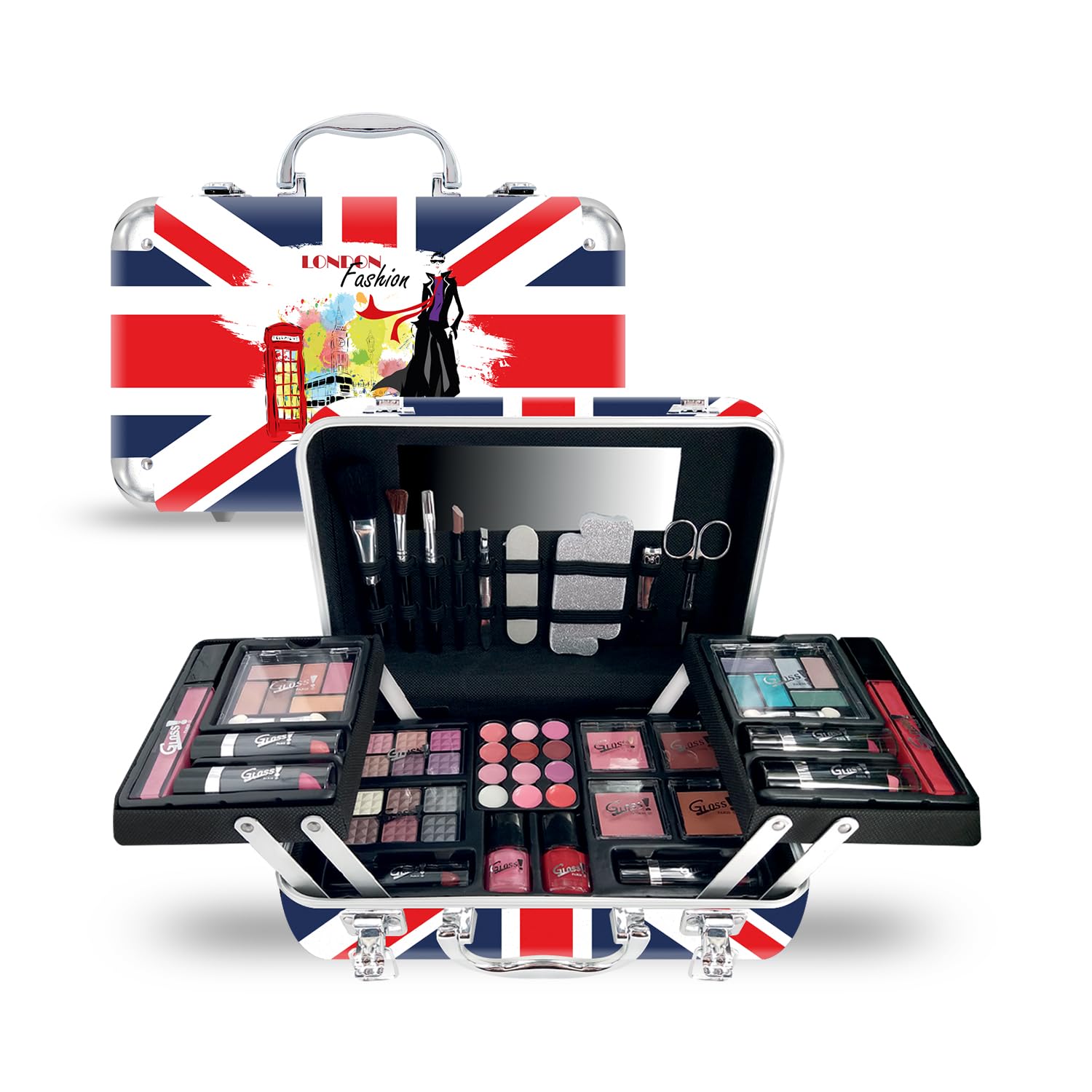 62Pcs Beauty Makeup Case Set - Luxury Travel Cosmetic Organizer with Mirror, Perfect Gift for Women, Christmas, Birthday (London UK Design) - Ideal for Travel, Home Storage & Makeup Artists