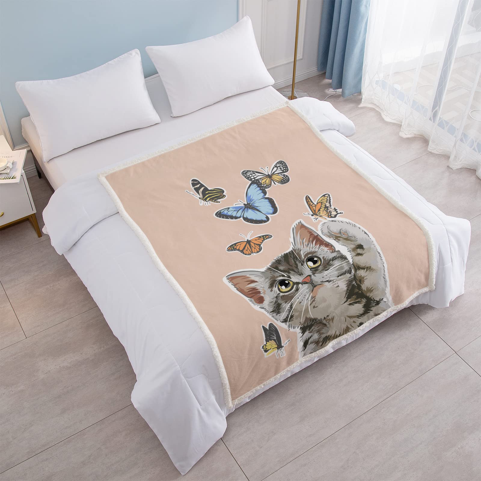SOULZZZ Light Pink Sherpa Cat Blanket Queen Size 60x80 Inch - Soft Fluffy Plush Throw for Teens, Kids, Cat Lovers - Perfect for Bedroom, Sofa, Nap, Gift (Persian Cat & Butterflies Design)